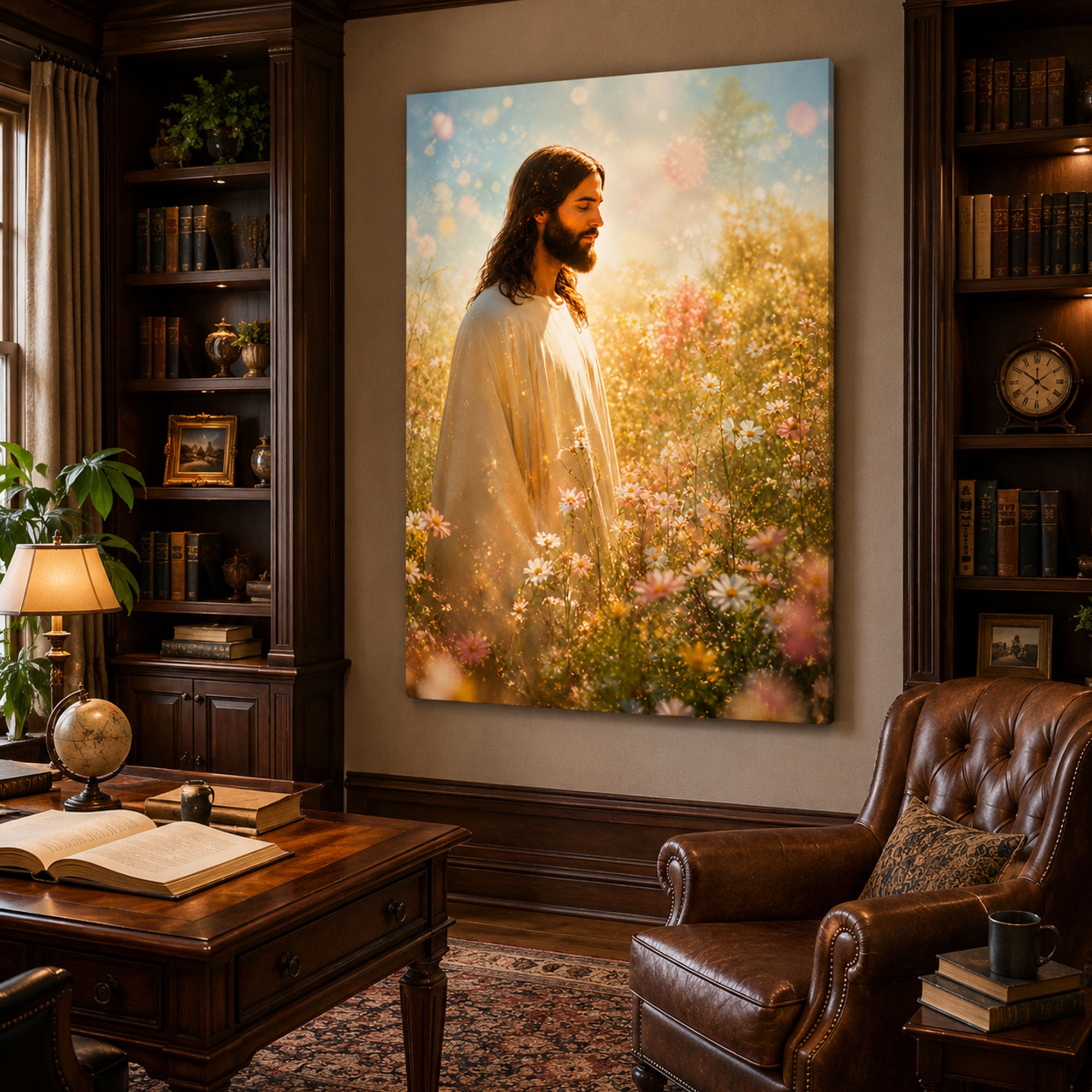 Jesus in Flower Field Canvas Print, Serene Christian Wall Decor, Inspirational Faith Artwork