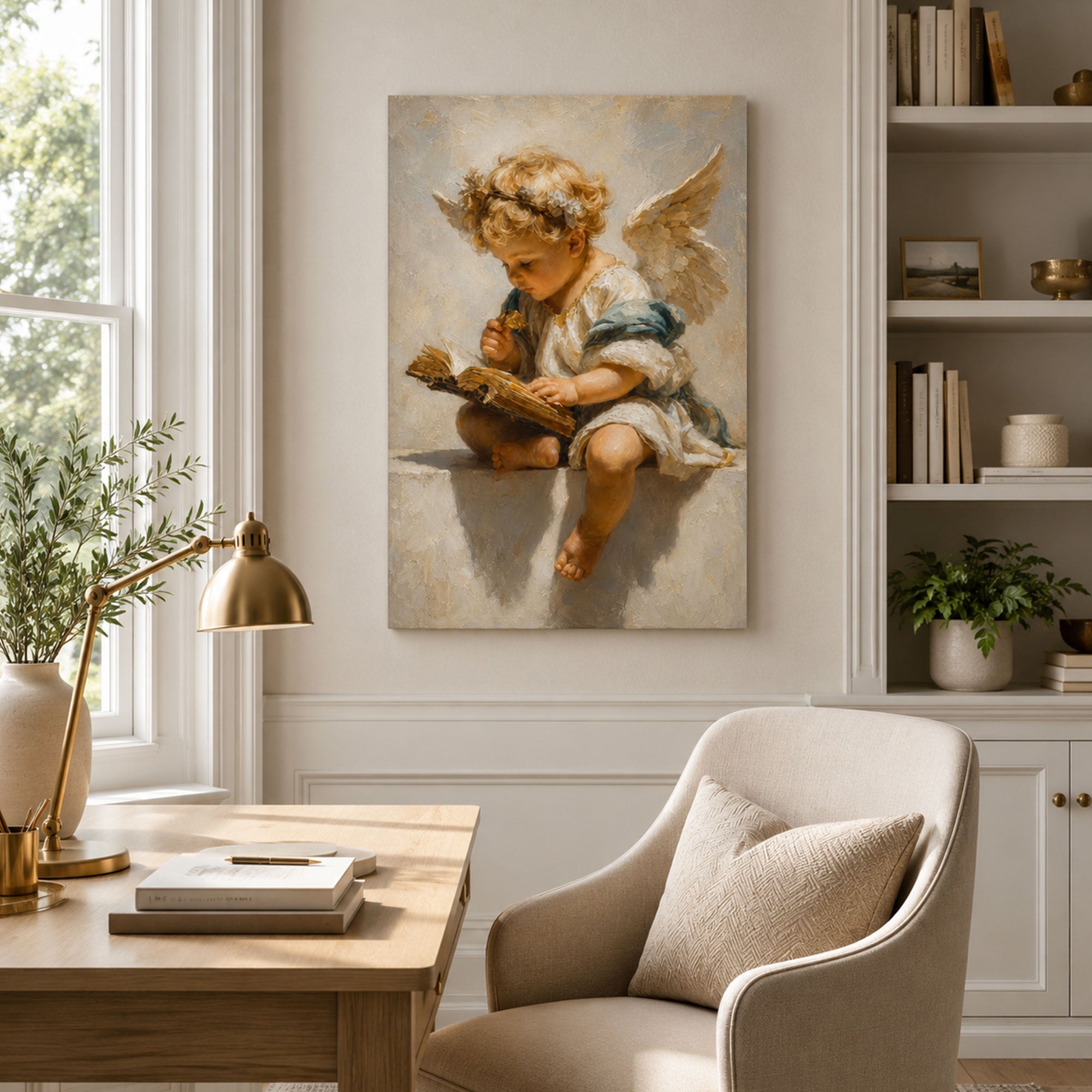 Little Angel Reading the Bible Canvas Print, Christian Wall Decor, Faith Gift for Home