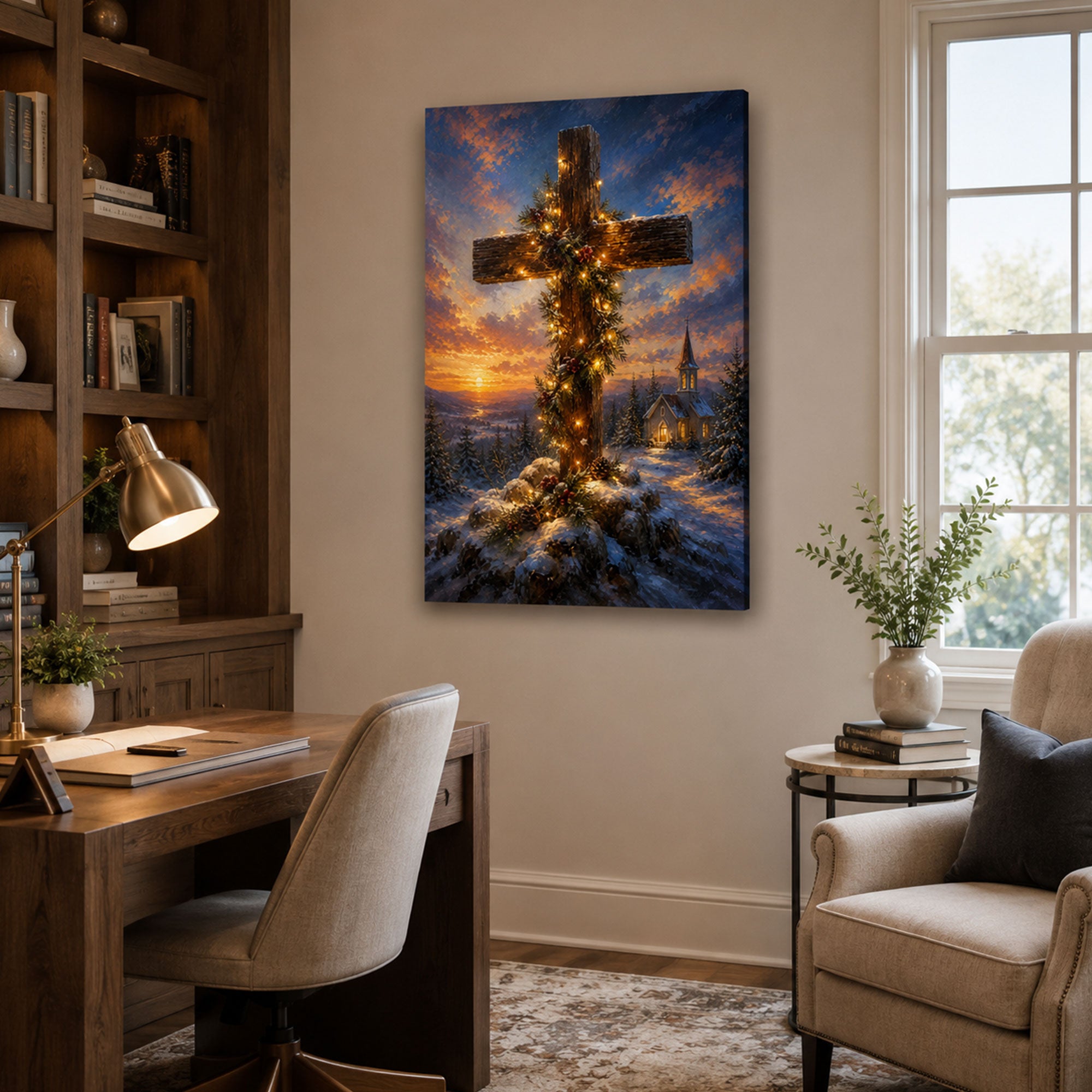 Christmas Cross Canvas Print, Light of Christ Christian Wall Decor, Religious Christmas Gift