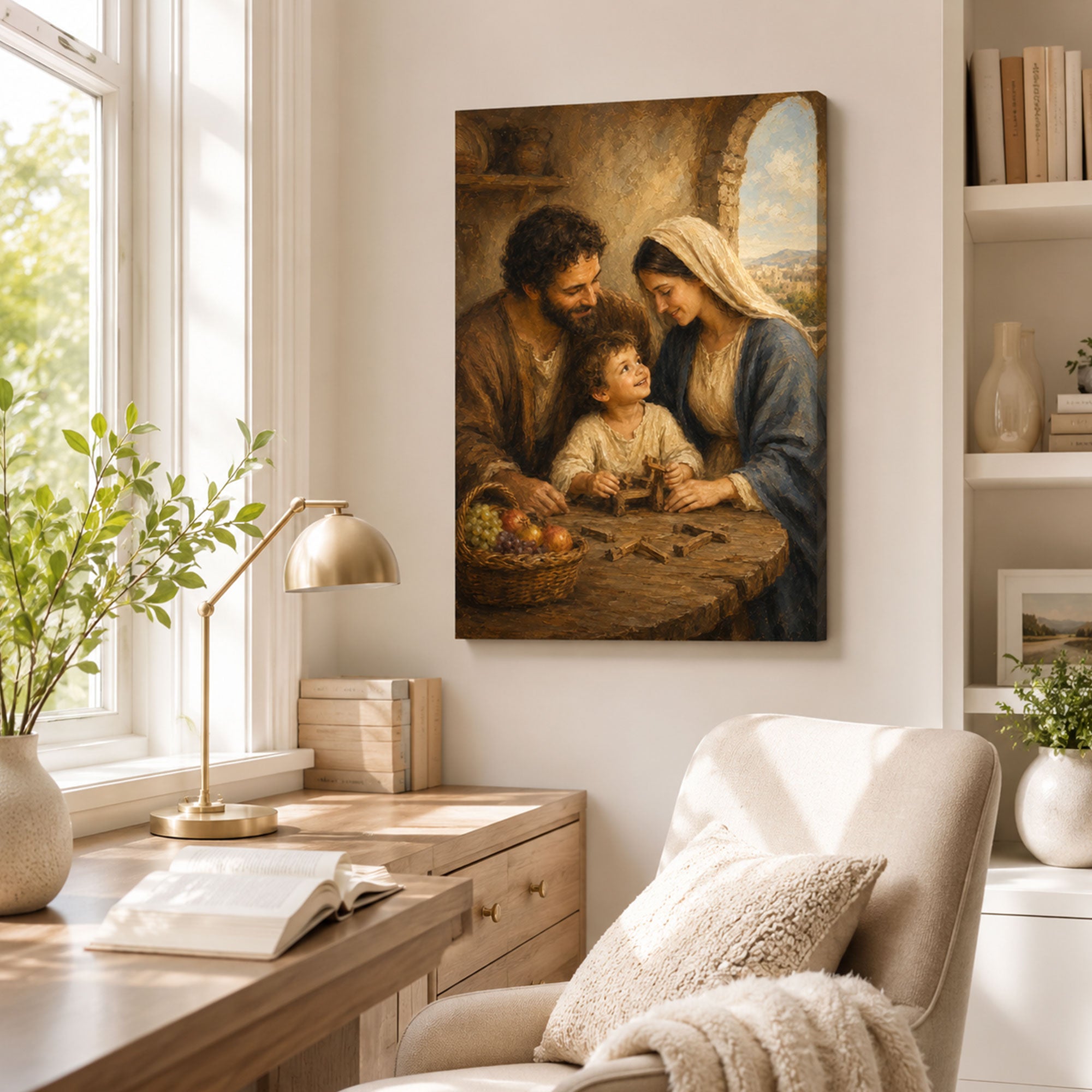 Holy Family at Nazareth Canvas Print, Saint Joseph Mary and Child Jesus Catholic Wall Decor, Faith Gift