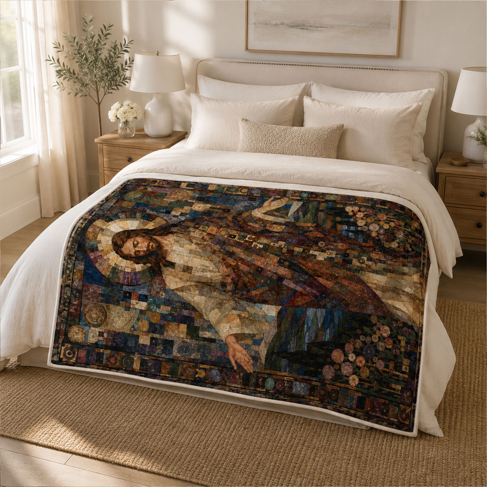 Jesus Christ Mosaic Fleece Blanket, Christian Faith Throw, Religious Gift for Believers