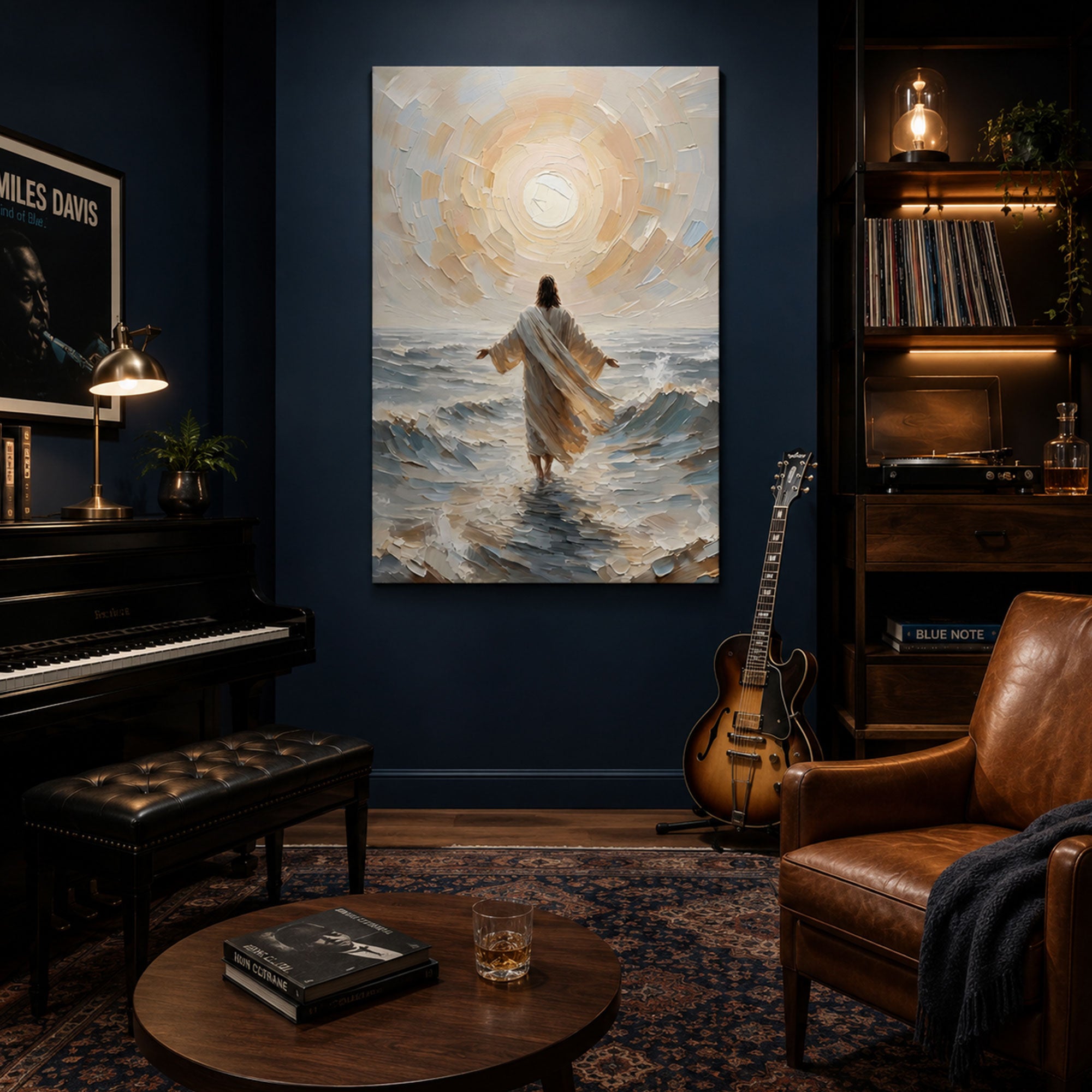 Jesus Walking Through the Waves Canvas Art, Divine Light Christian Wall Decor, Ocean Faith Spiritual Artwork