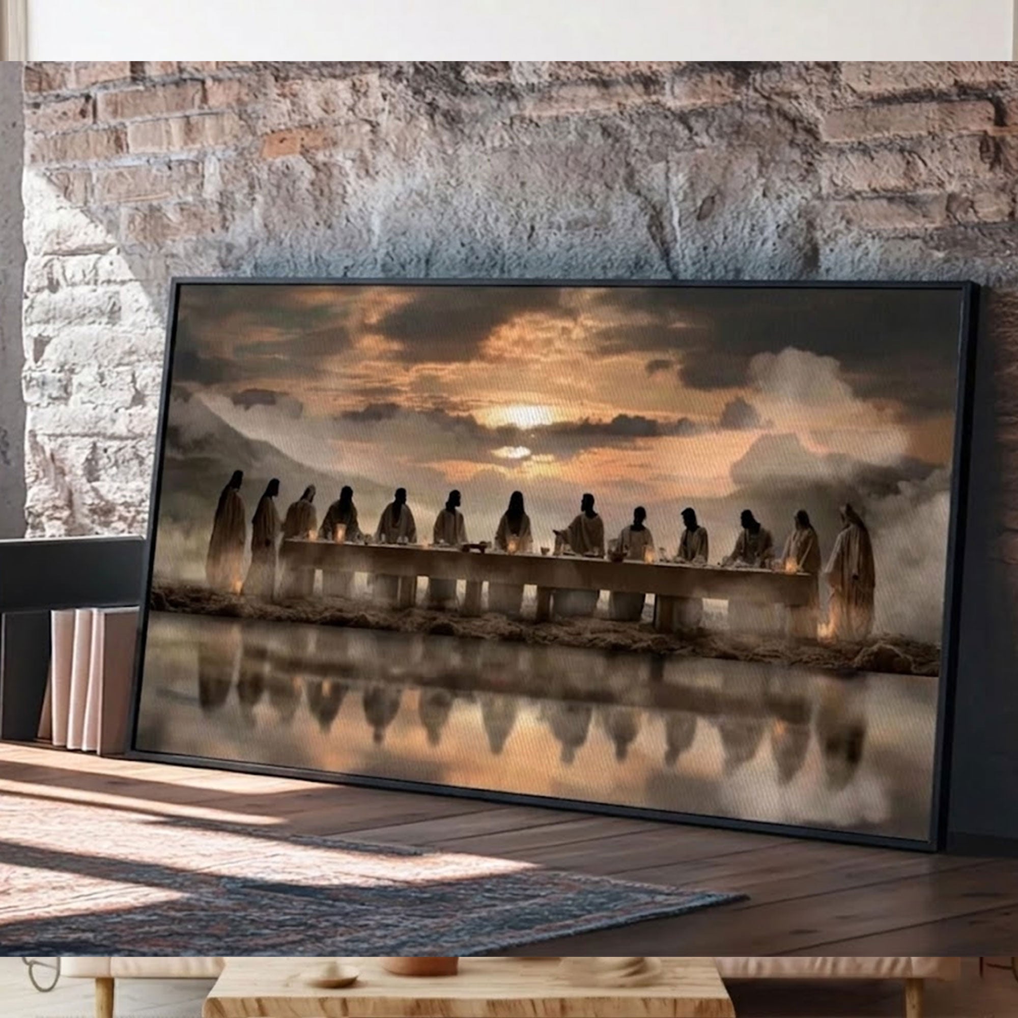 Sacred Supper Horizon Framed Canvas Print, Jesus The Last Supper Wall Art, Christian Religious Painting, Modern Church Home Decor, Christmas Faith Gift