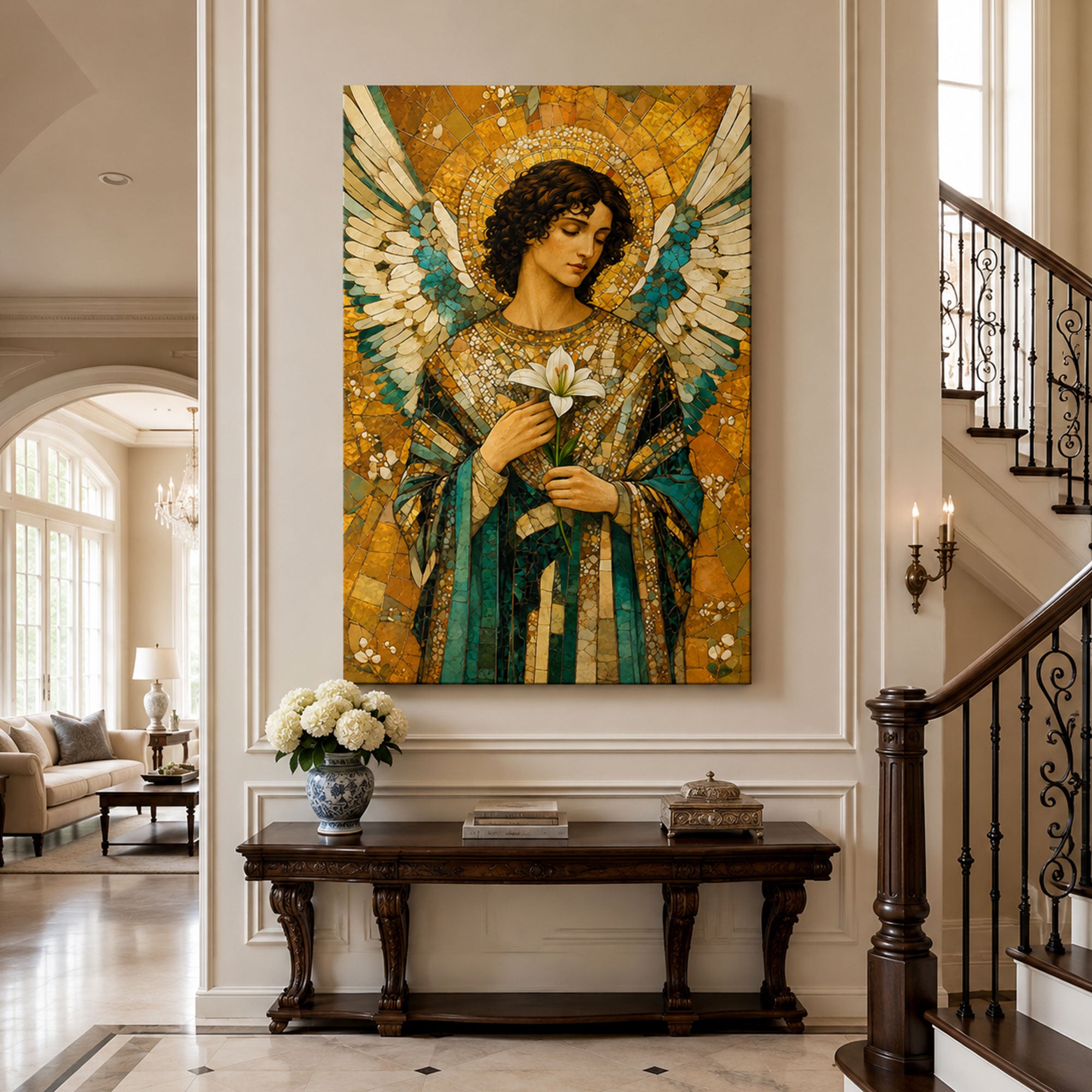 Archangel Gabriel with Lily Canvas Print, Catholic Angel Wall Art, Faith Home Decor Gift