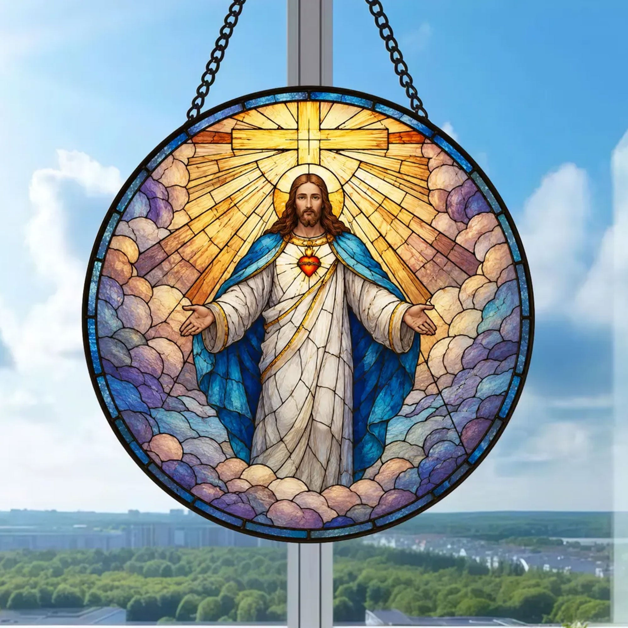 Sacred Heart of Jesus Stained Glass Suncatcher, Christian Window Hanging, Catholic Faith Decor