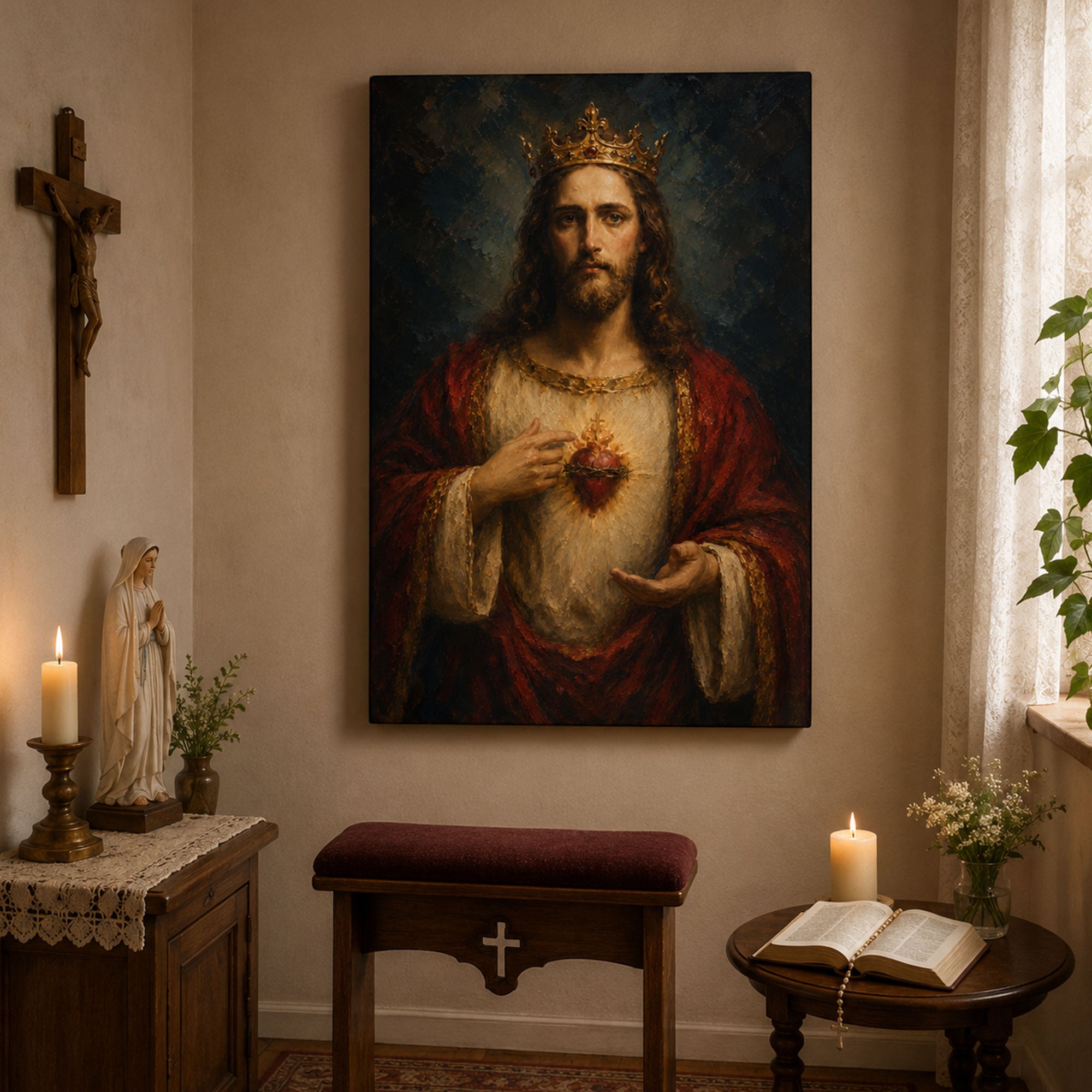 Christ the King Sacred Heart Canvas Print, Crowned Jesus Catholic Wall Art, Royal Christian Home Decor