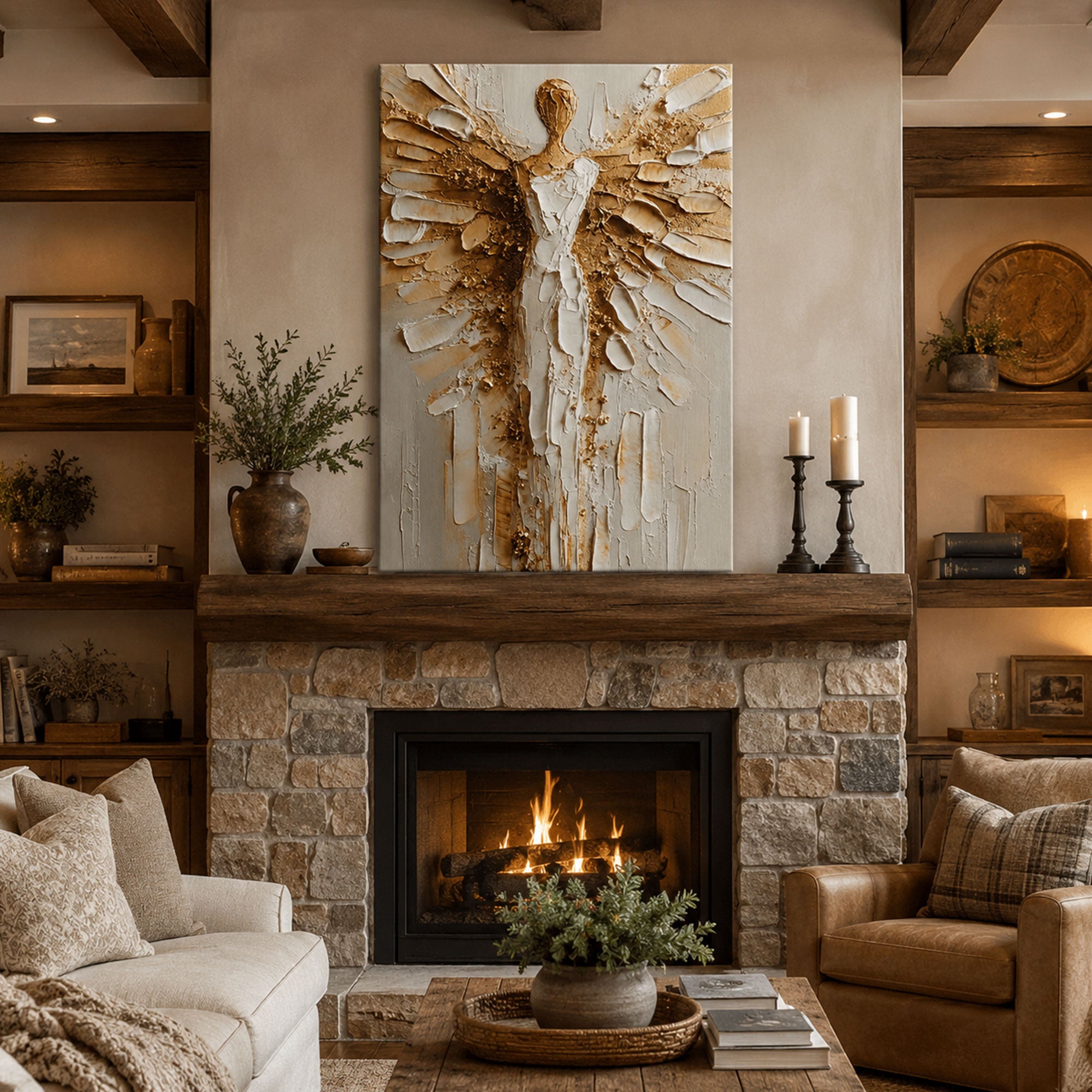 White Gold Guardian Angel Canvas Print, Christian Angel Wall Art, Faith Home Decor Gift