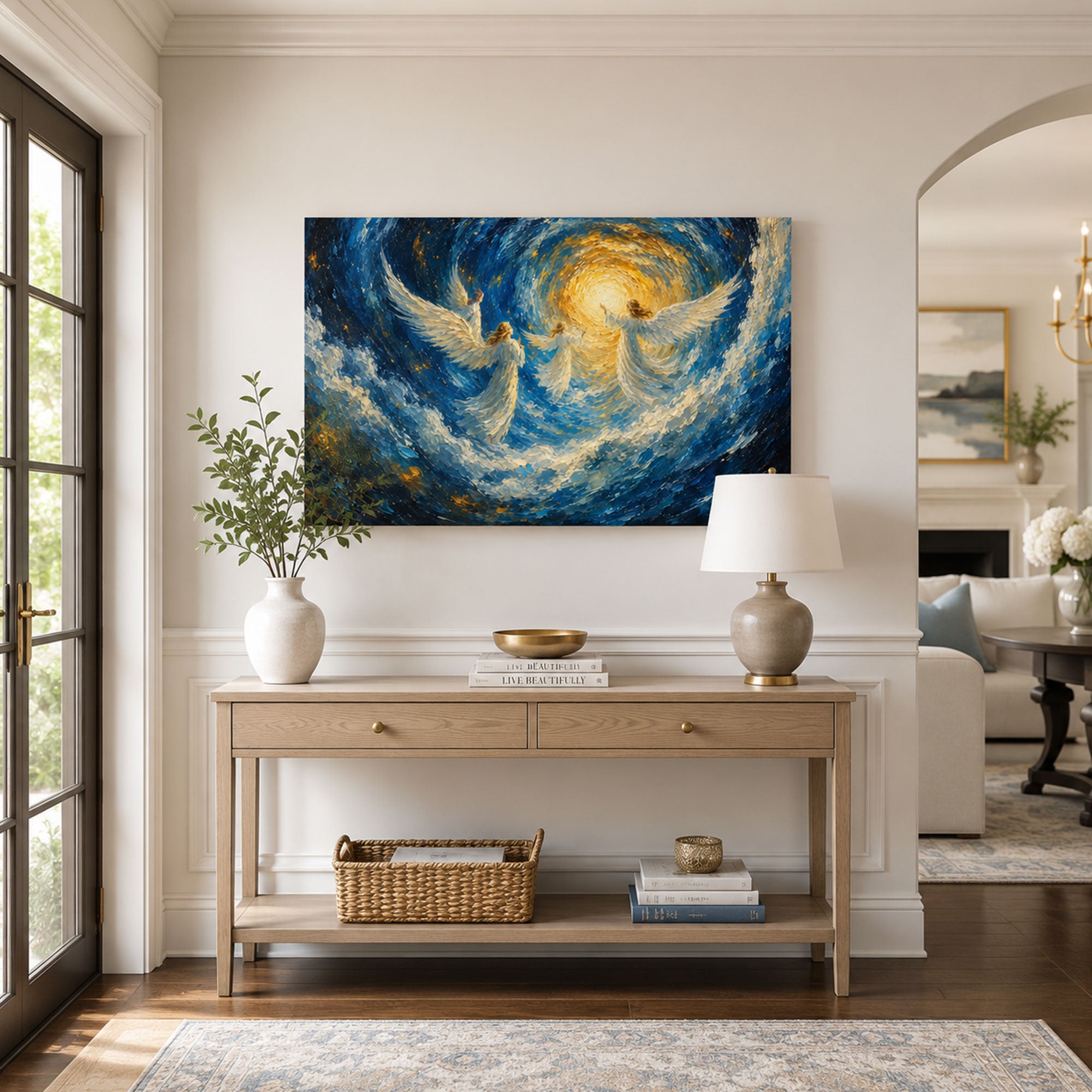 Heavenly Angels in Blue Light Canvas Print, Christian Home Decor
