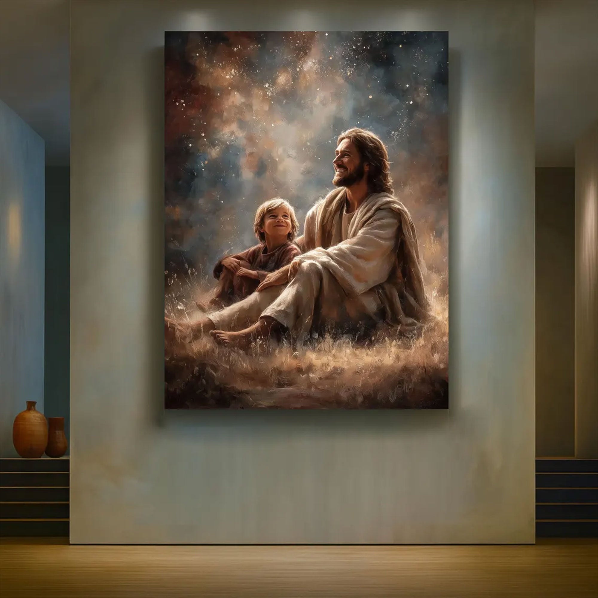 Jesus with Child Under Stars Canvas Print, Christian Faith Wall Art, Religious Home Decor