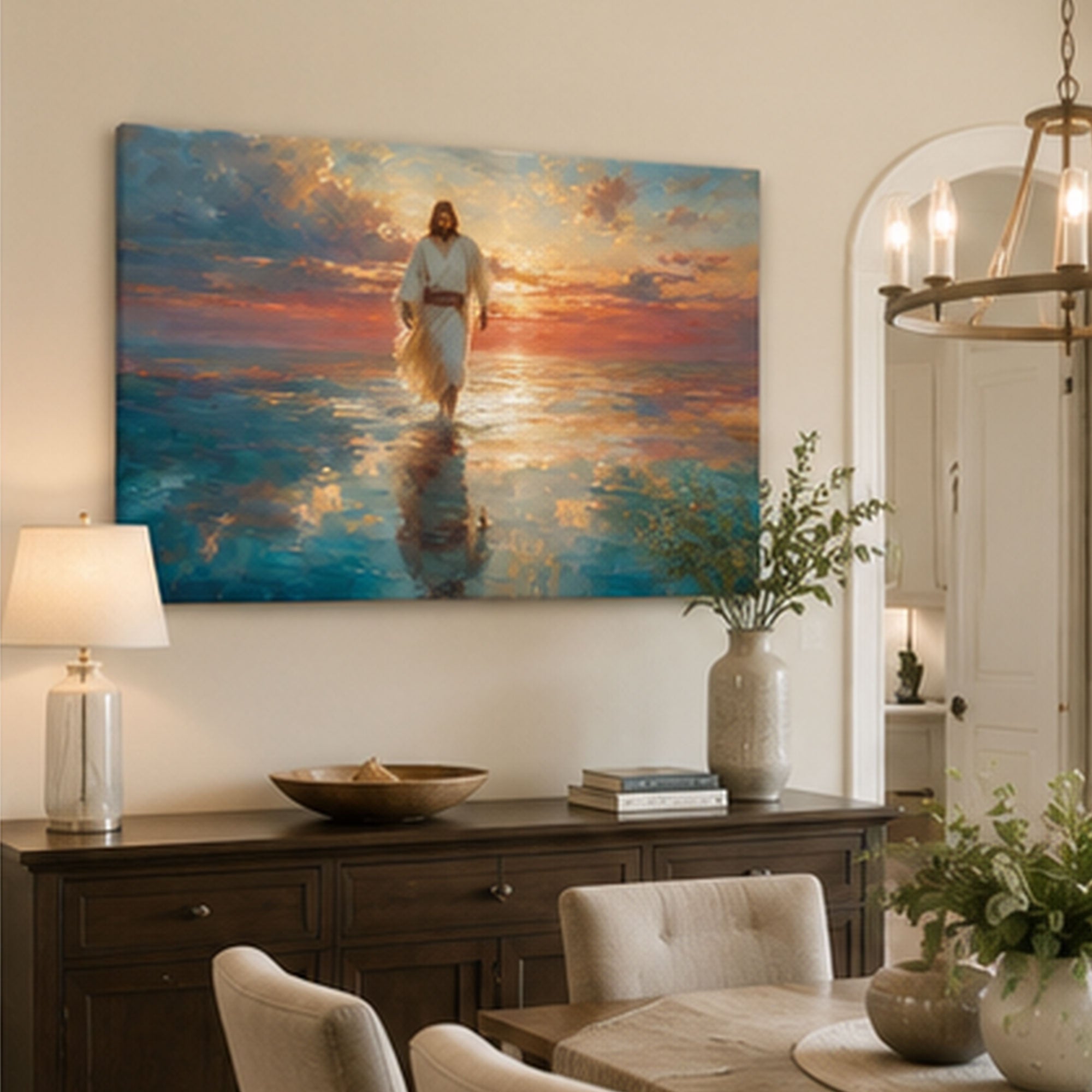 Jesus Walking on Water at Sunset Canvas Print, Christian Home Decor