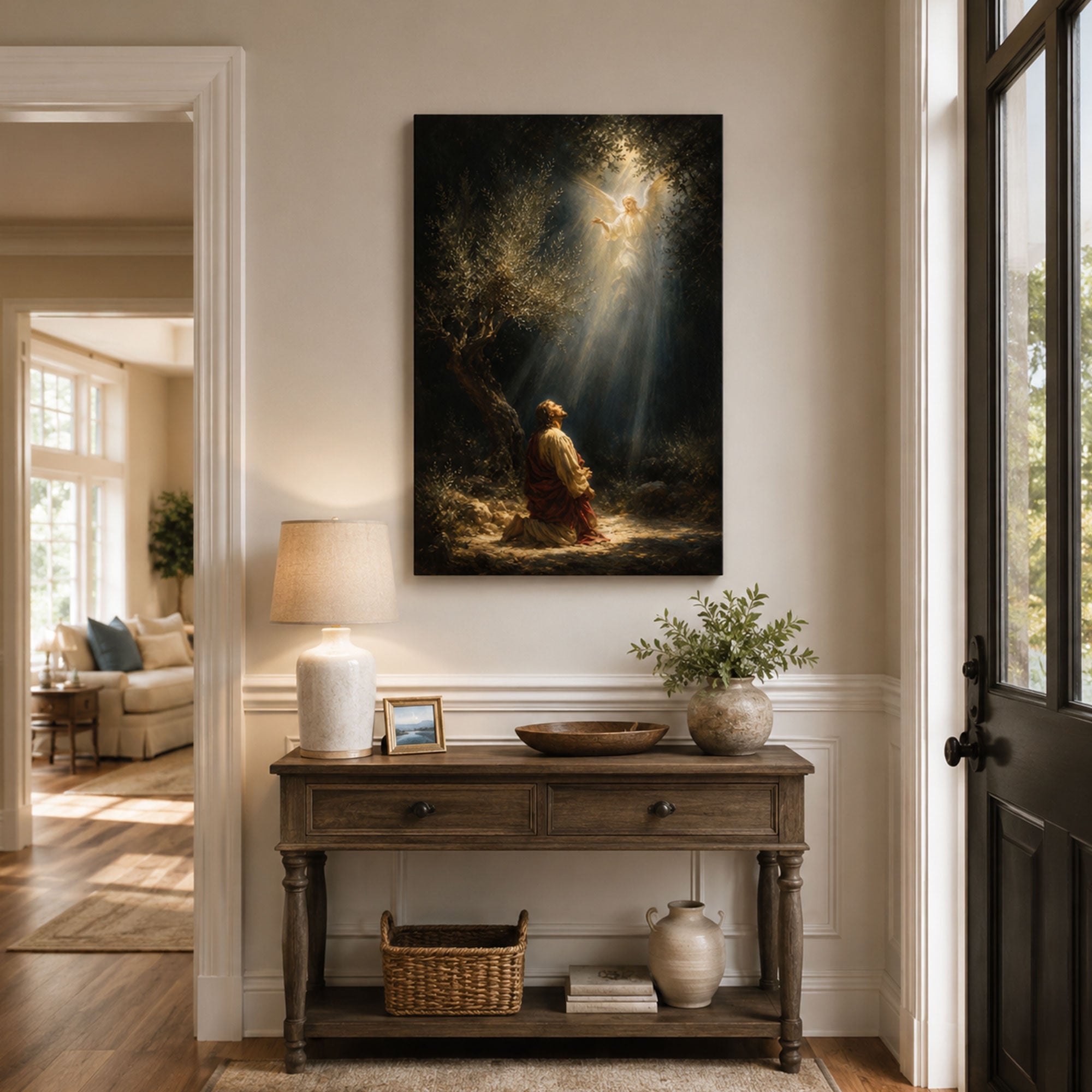 Jesus Praying in Gethsemane with Angel Canvas Print, Catholic Garden of Gethsemane Wall Art, Faith Home Decor Gift