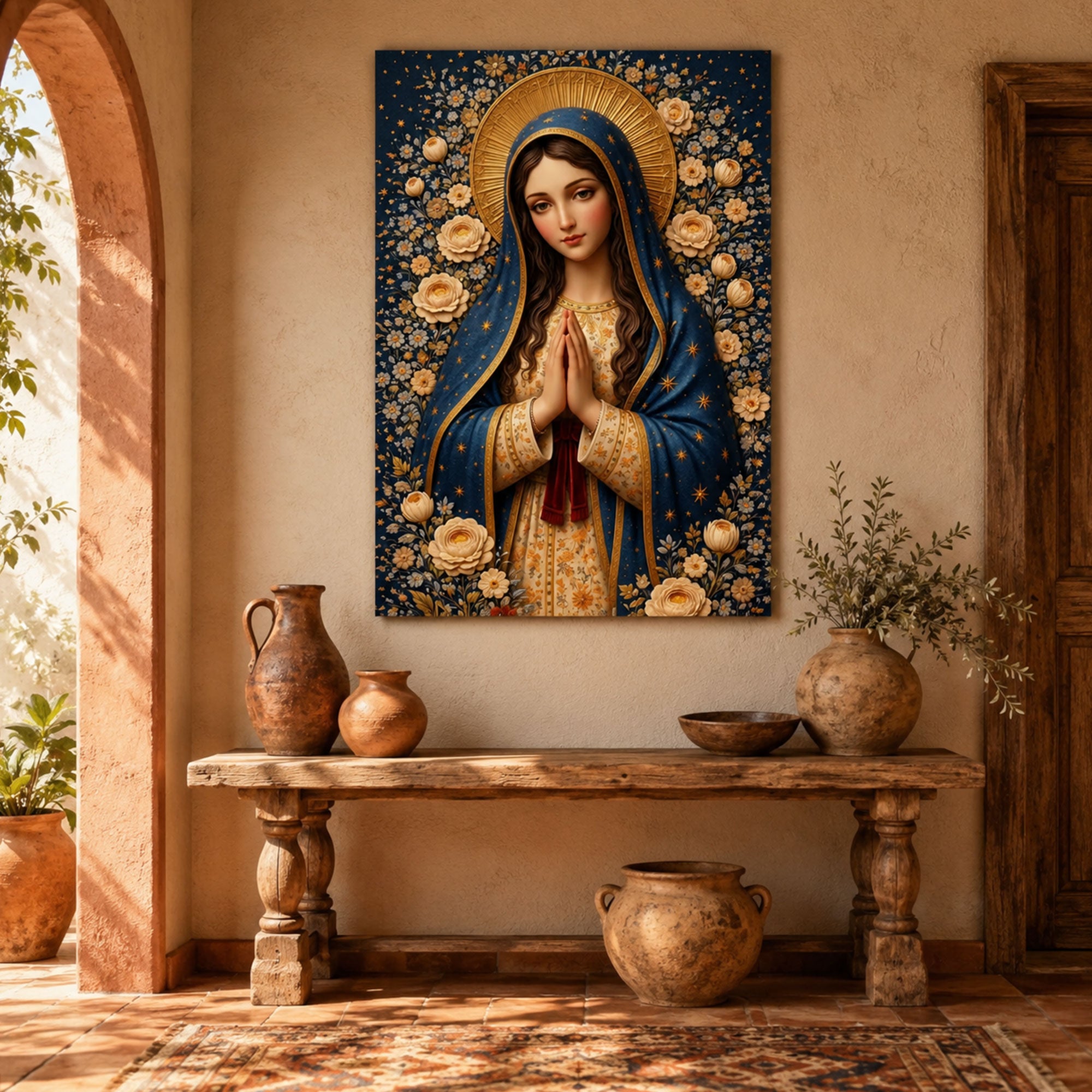 Blessed Virgin Mary Canvas Print, Floral Christian Wall Art, Peaceful Catholic Faith Decor, Heavenly Home Artwork