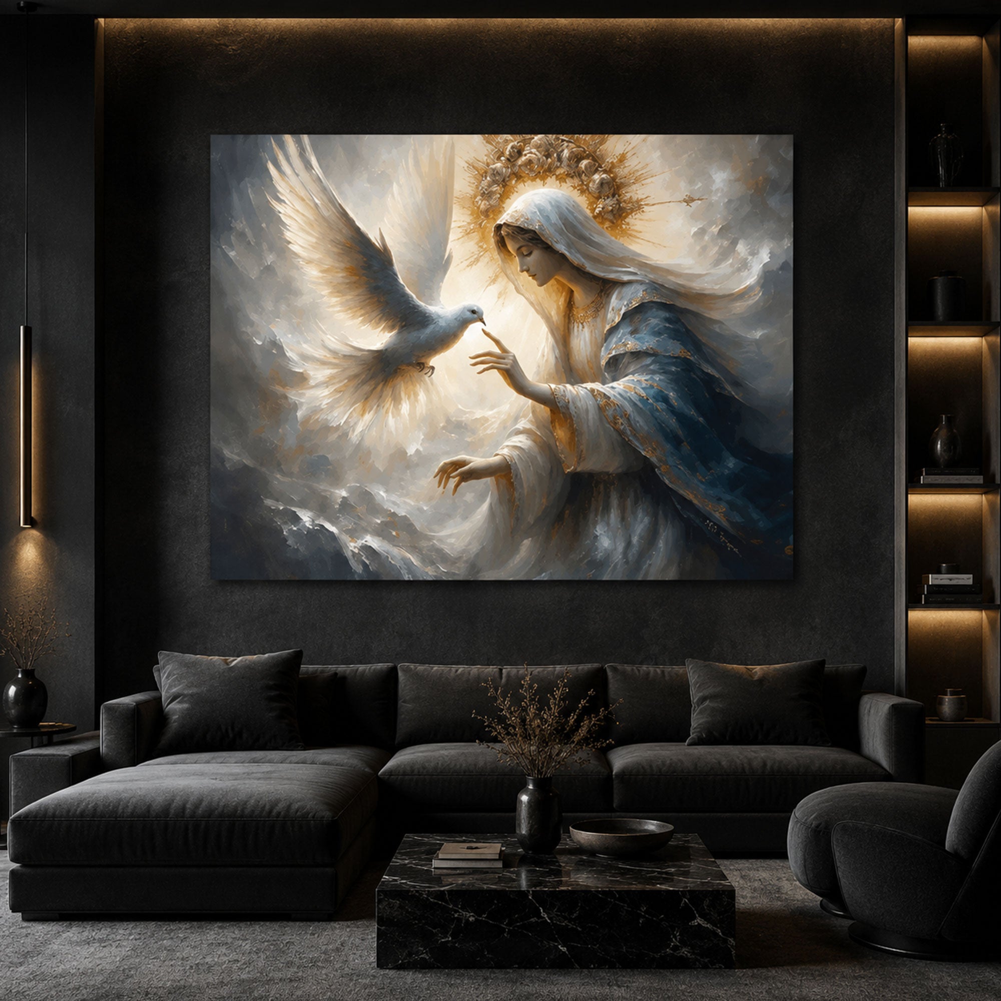 Virgin Mary and Holy Spirit Dove Canvas Art, Heavenly Christian Wall Decor, Divine Peace Religious Artwork
