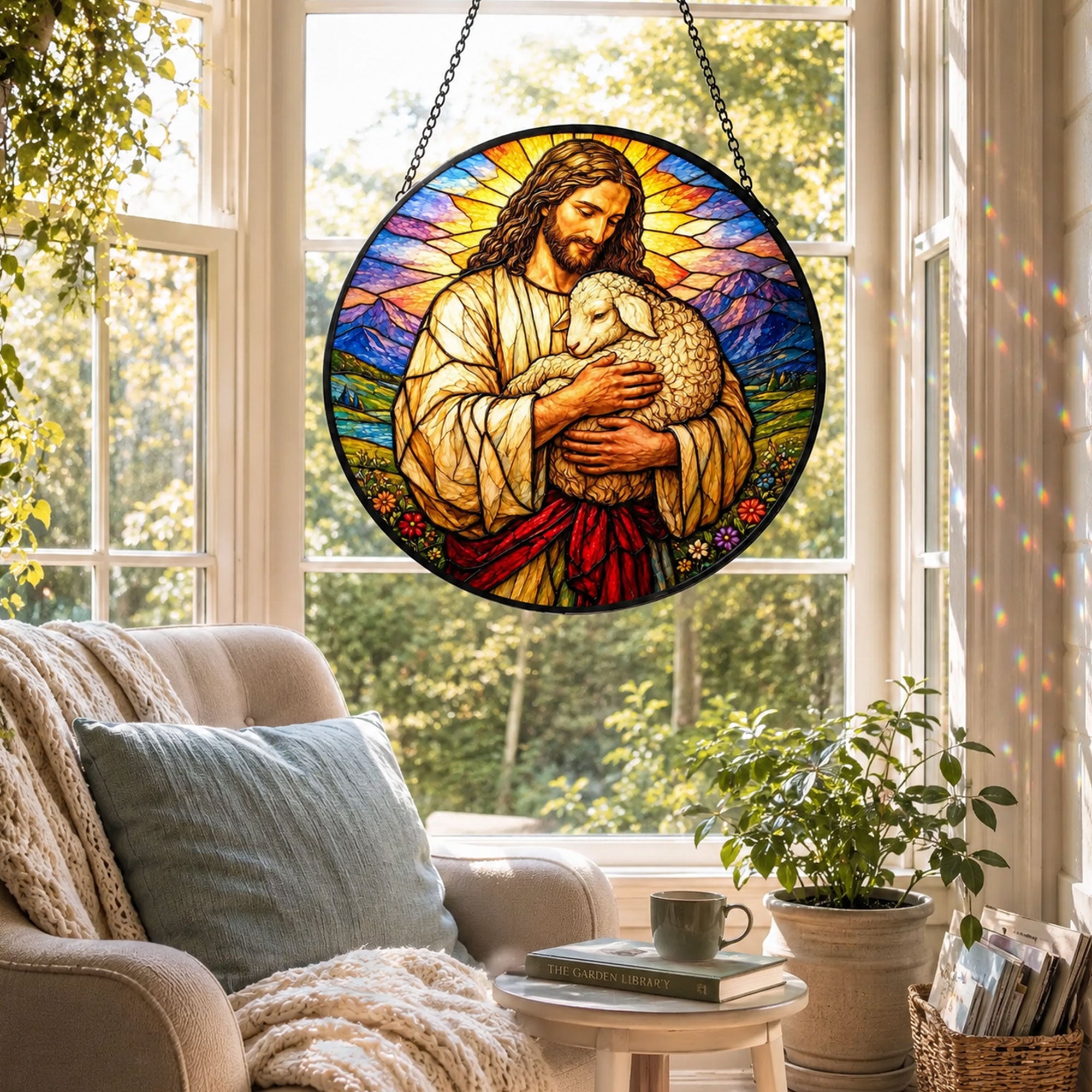 Jesus Holding Lamb Suncatcher, Good Shepherd Christian Window Decor, Faith Gift
