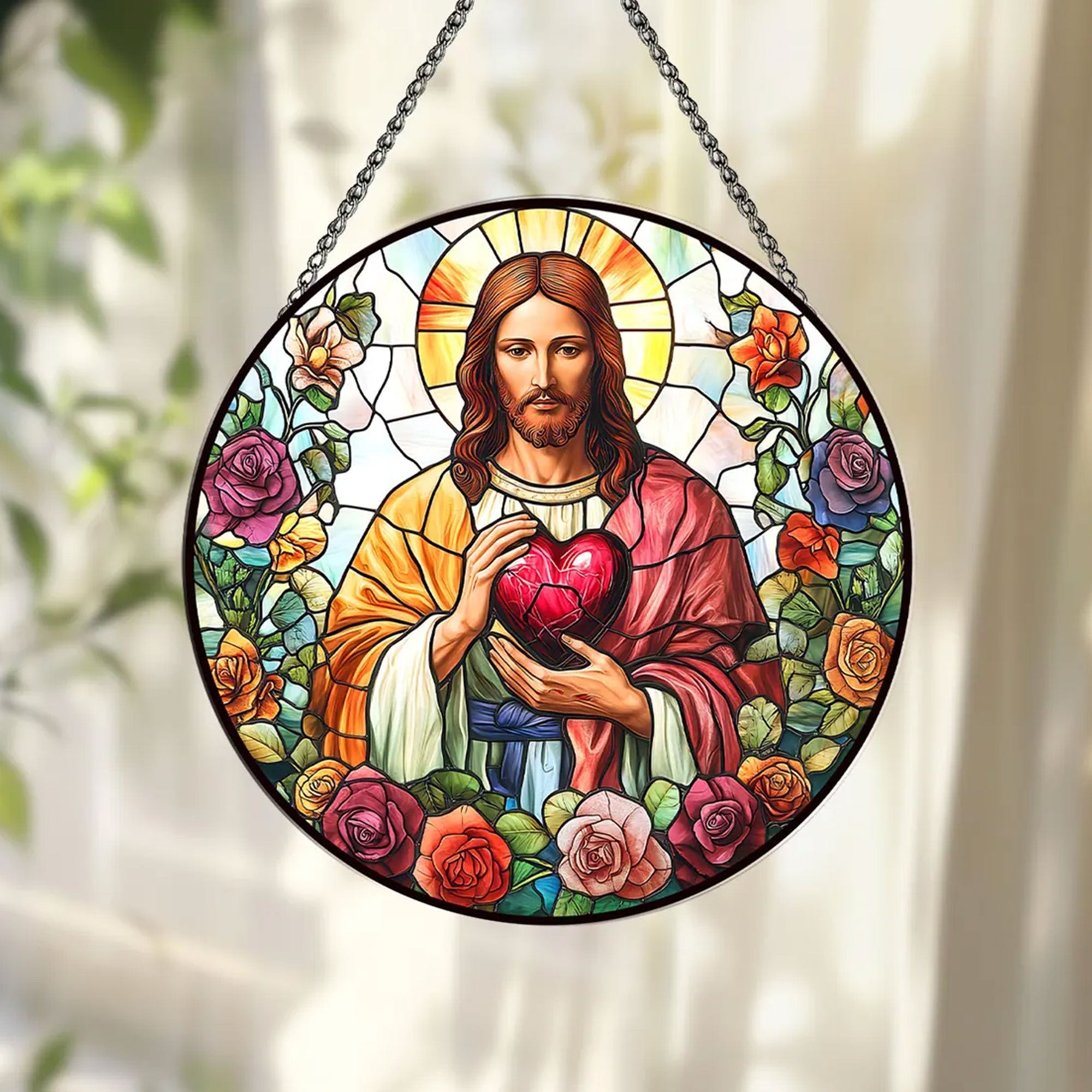 Sacred Heart of Jesus Stained Glass Suncatcher, Christian Window Hanging Decor, Catholic Religious Faith Gift