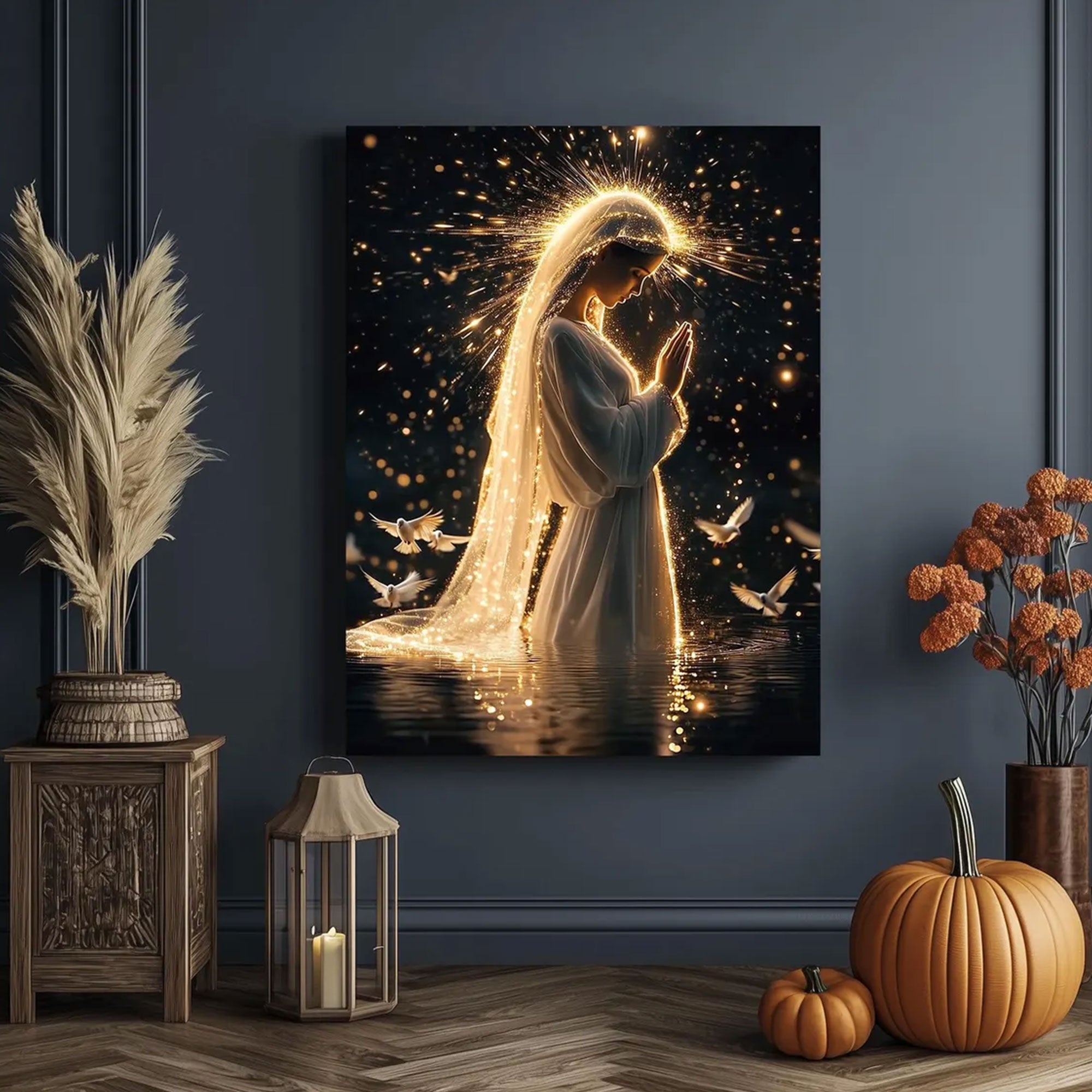 Holy Virgin Mary Canvas Art, Sacred Light Catholic Wall Decor, Blessed Mother Religious Artwork, Inspirational Faith Gift, Prayer Room Home Decor