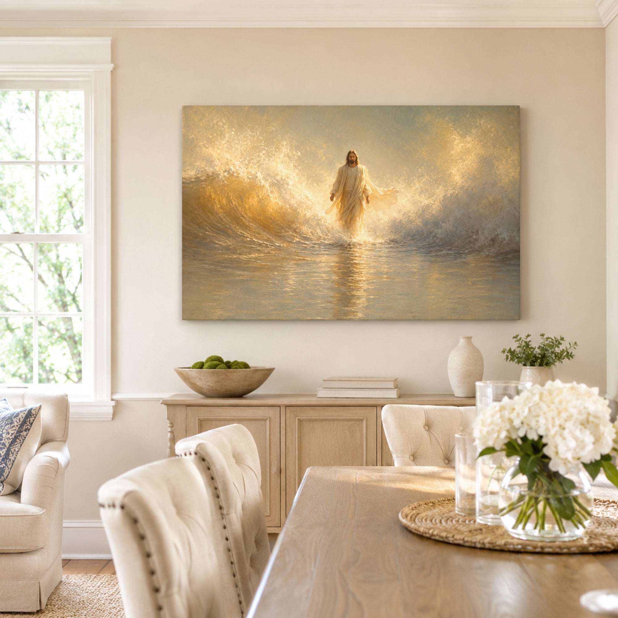 Jesus Walking on Water Canvas Print, Golden Sea Christian Wall Art, Light of Christ Faith Home Decor Gift