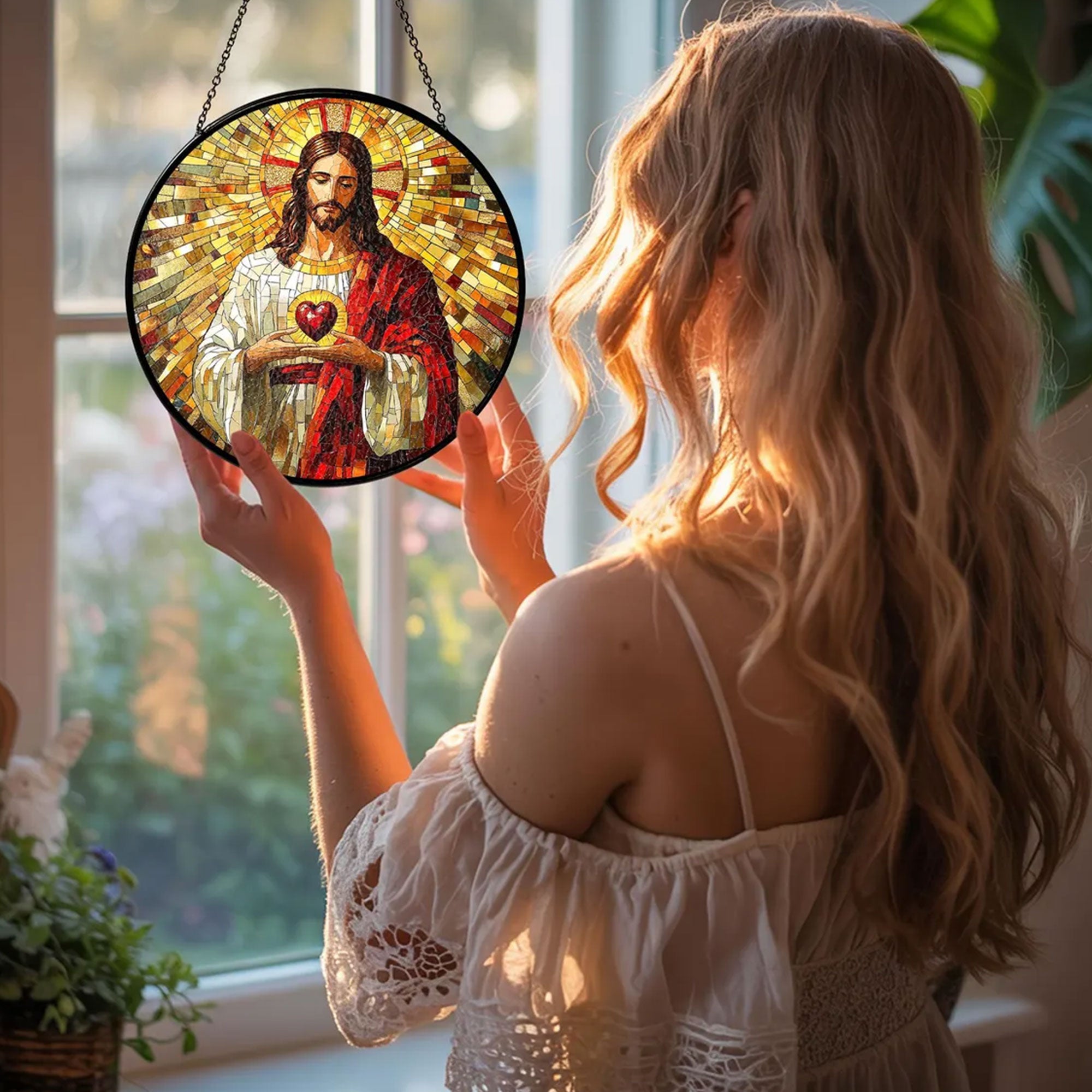 Sacred Heart of Jesus Stained Glass Suncatcher, Christian Window Hanging Decor, Catholic Religious Faith Gift