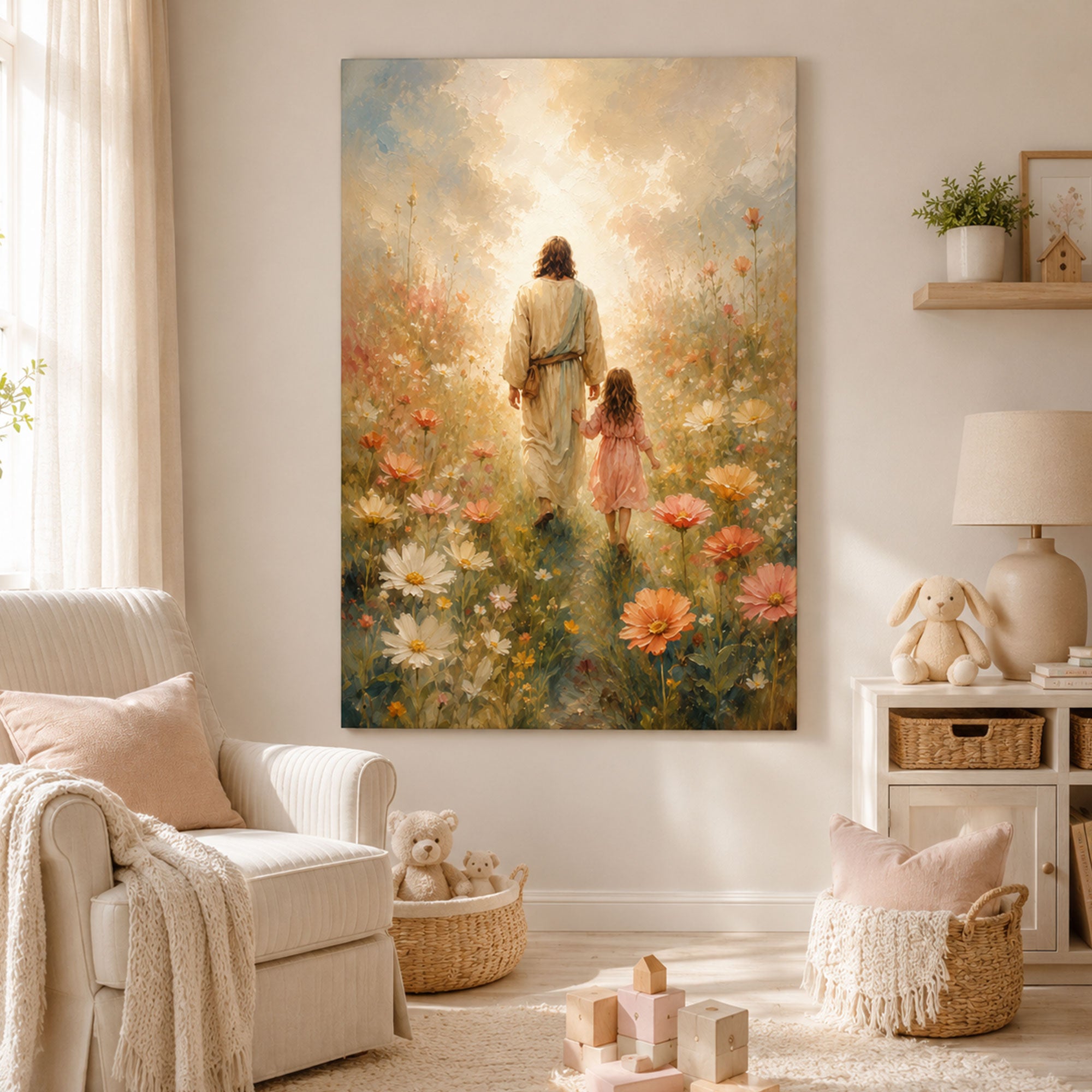 Jesus Walking with Little Girl Canvas Print, Christian Wall Art, Wildflower Faith Home Decor
