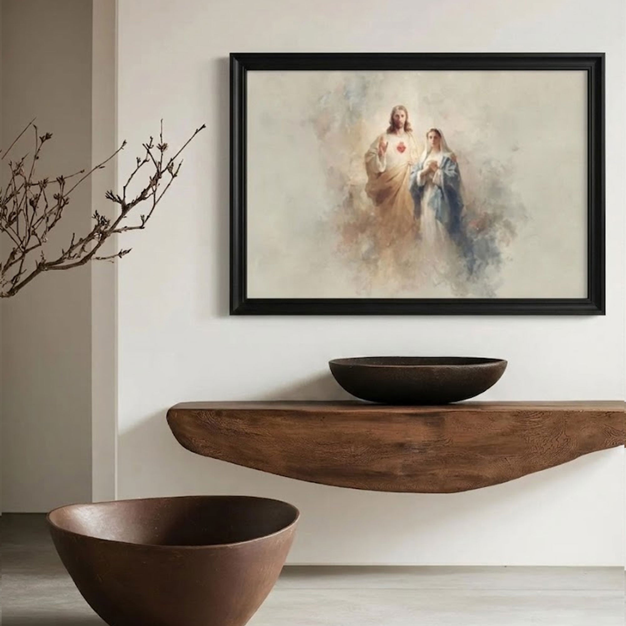 Sacred Heart and Virgin Mary Canvas Print, Modern Christian Wall Art, Catholic Home Decor, Religious Gift