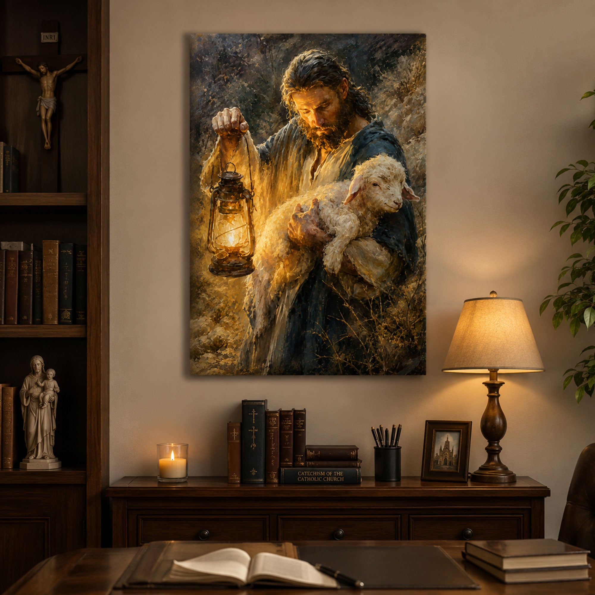 Jesus Searching for the Lost Lamb with Lantern Canvas Print, Christian Home Decor