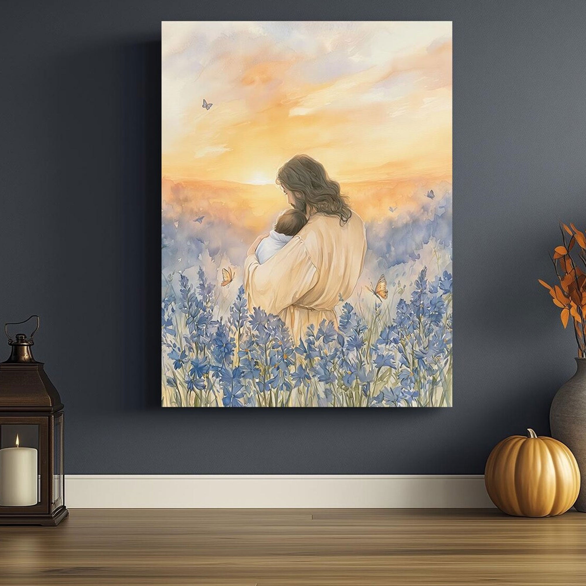 Jesus Holding Baby Among Blue Flowers Canvas, Christian Comfort Wall Art, Peaceful Faith Painting, Gentle Memorial Gift