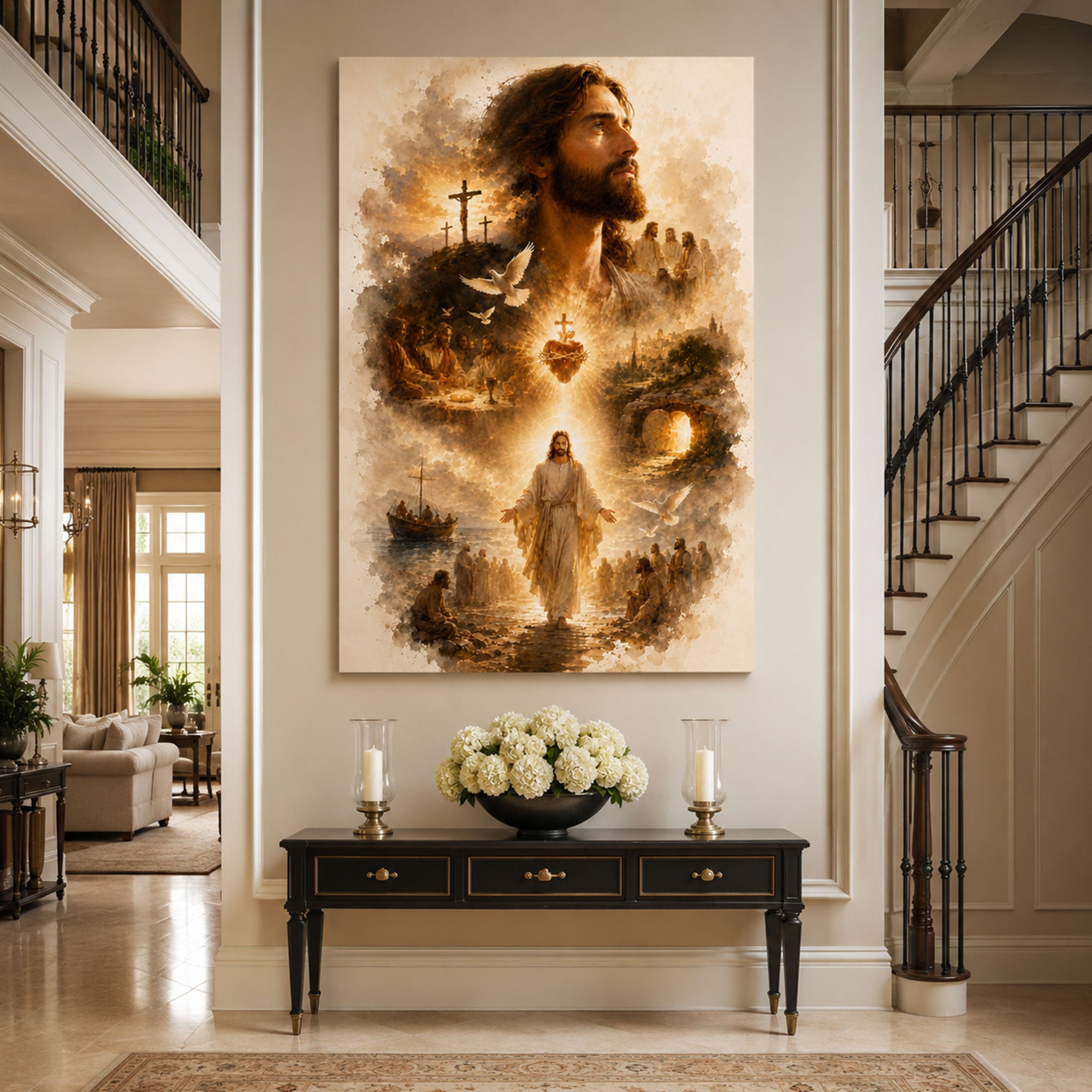 Life of Jesus Sacred Heart Canvas Print, Biblical Scenes Christian Wall Art, Catholic Religious Home Decor Gift