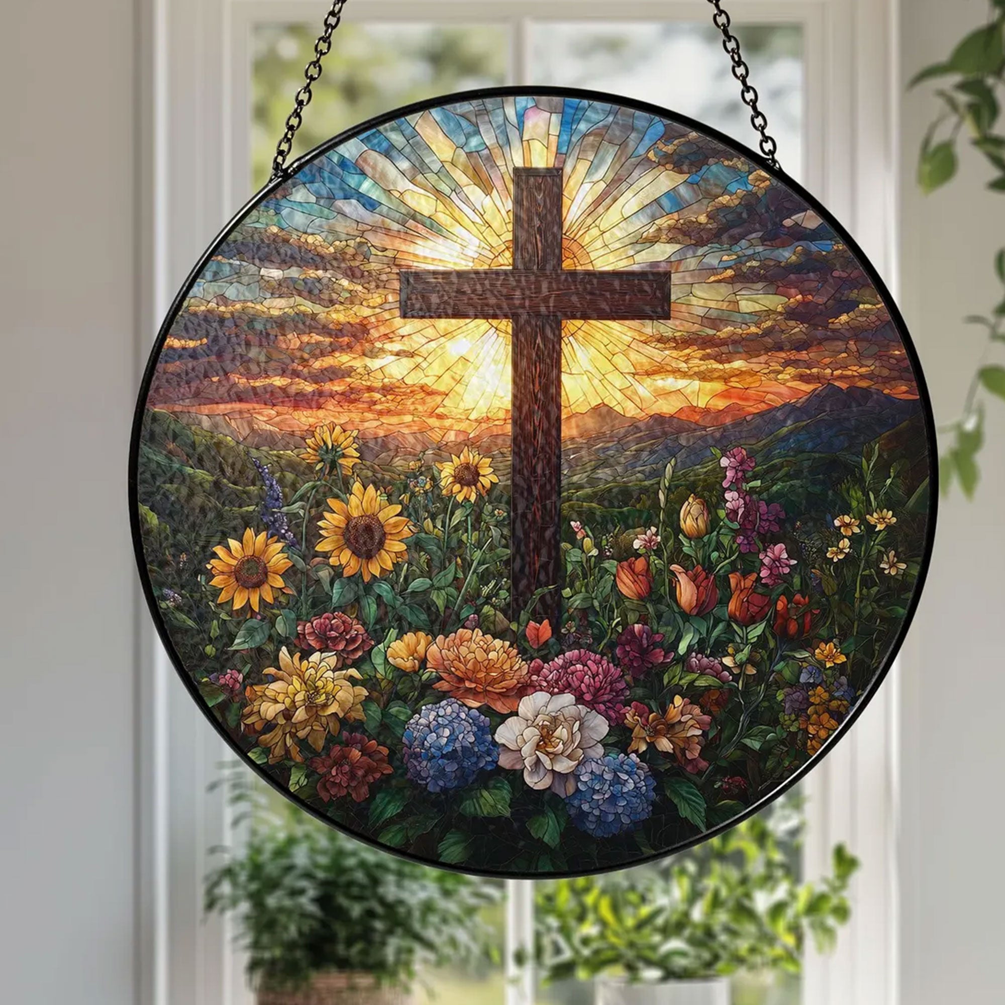 Stained Glass Cross Suncatcher with Wildflowers and Sunset, Christian Window Hanging Decor, Religious Faith Gift