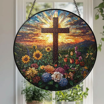 Stained Glass Cross Suncatcher with Wildflowers and Sunset, Christian Window Hanging Decor, Religious Faith Gift