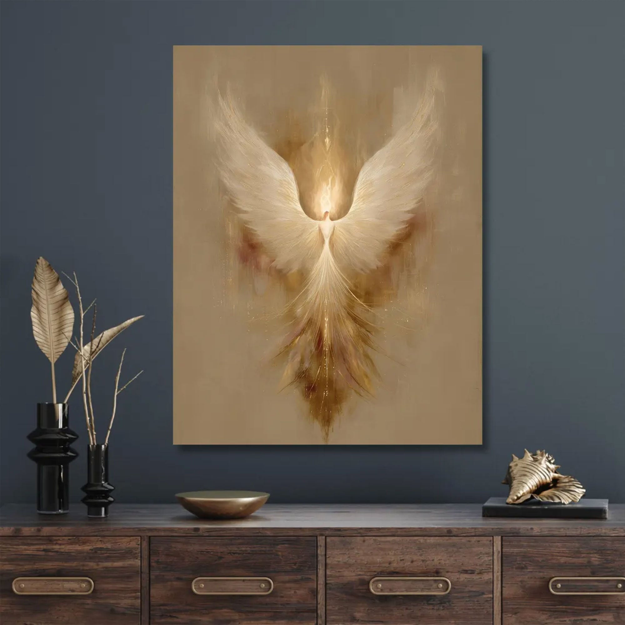 Radiant Ascension Canvas Print, Golden Angel Wings Wall Art, Abstract Christian Faith Decor, Heavenly Spiritual Artwork