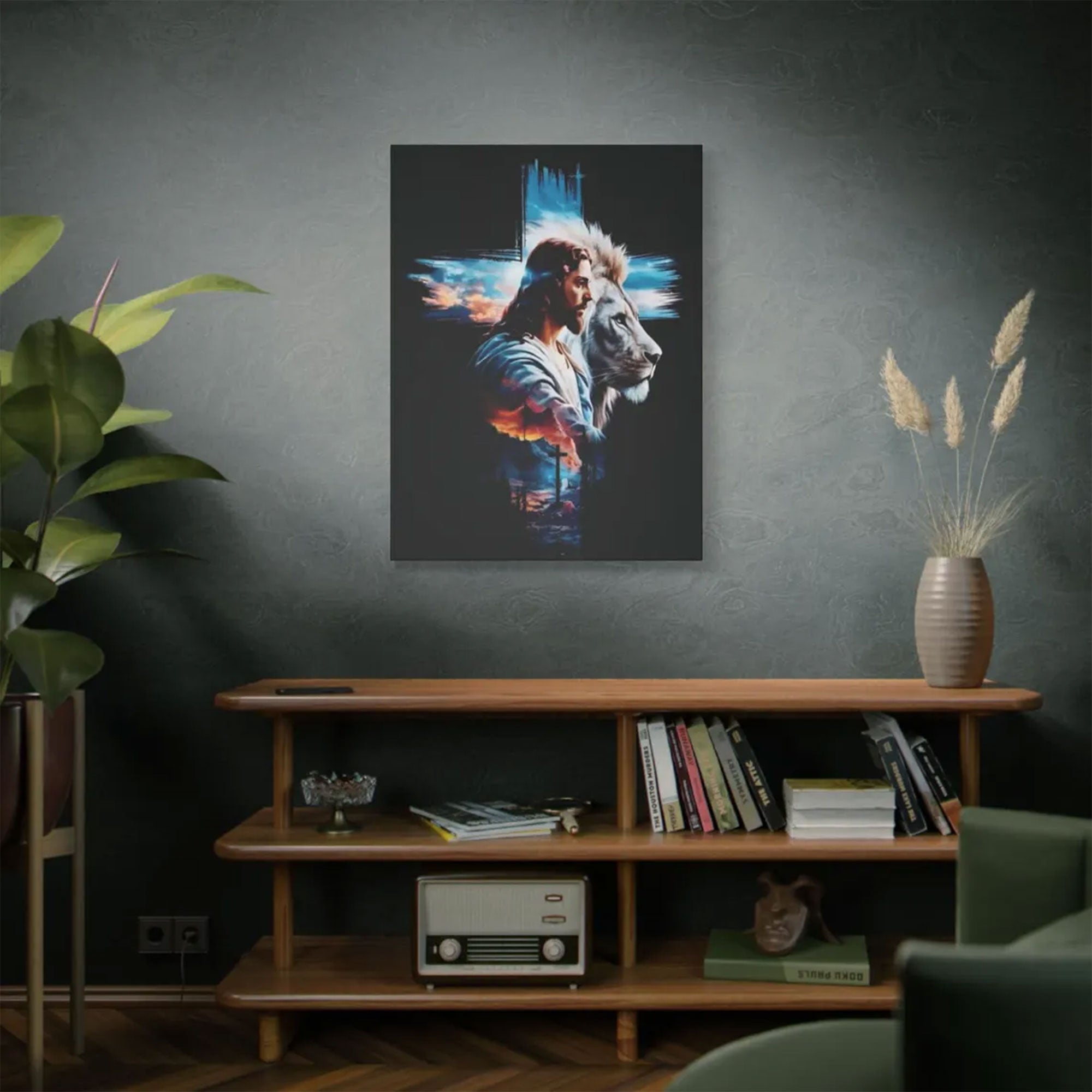 Jesus with Lion Canvas Wall Art ,Peaceful Christian Design, Religious Home Decor Gift