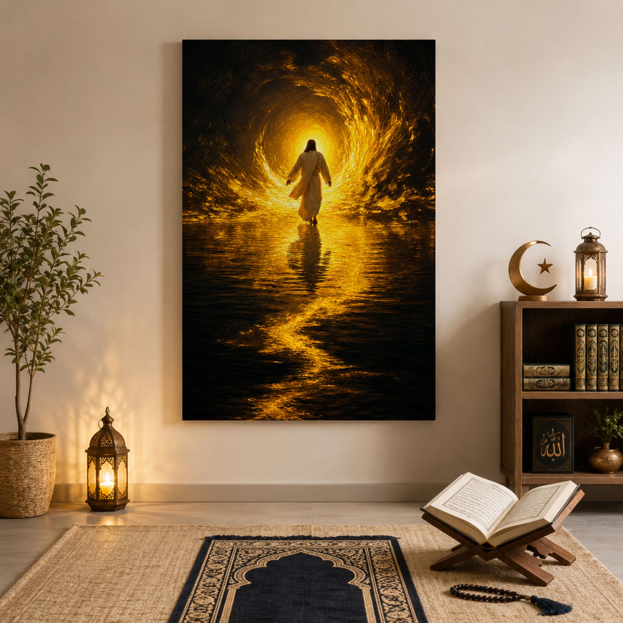 Jesus Walking on Water Canvas Print, Golden Light Christian Wall Art, Faith Home Decor