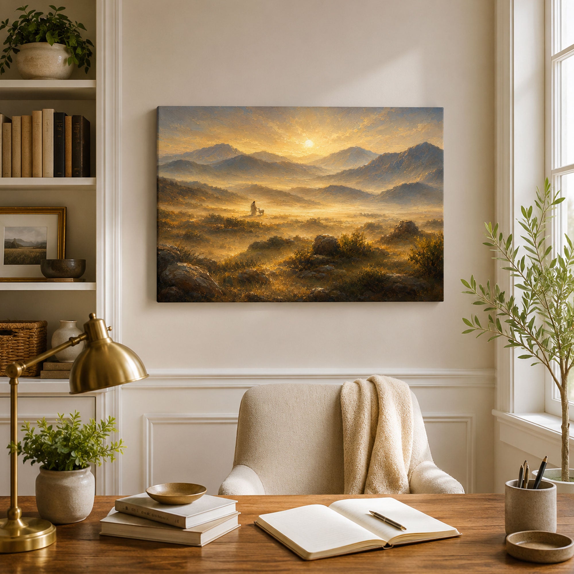 Jesus in Golden Mountain Landscape Canvas Print, Peaceful Christian Home Decor