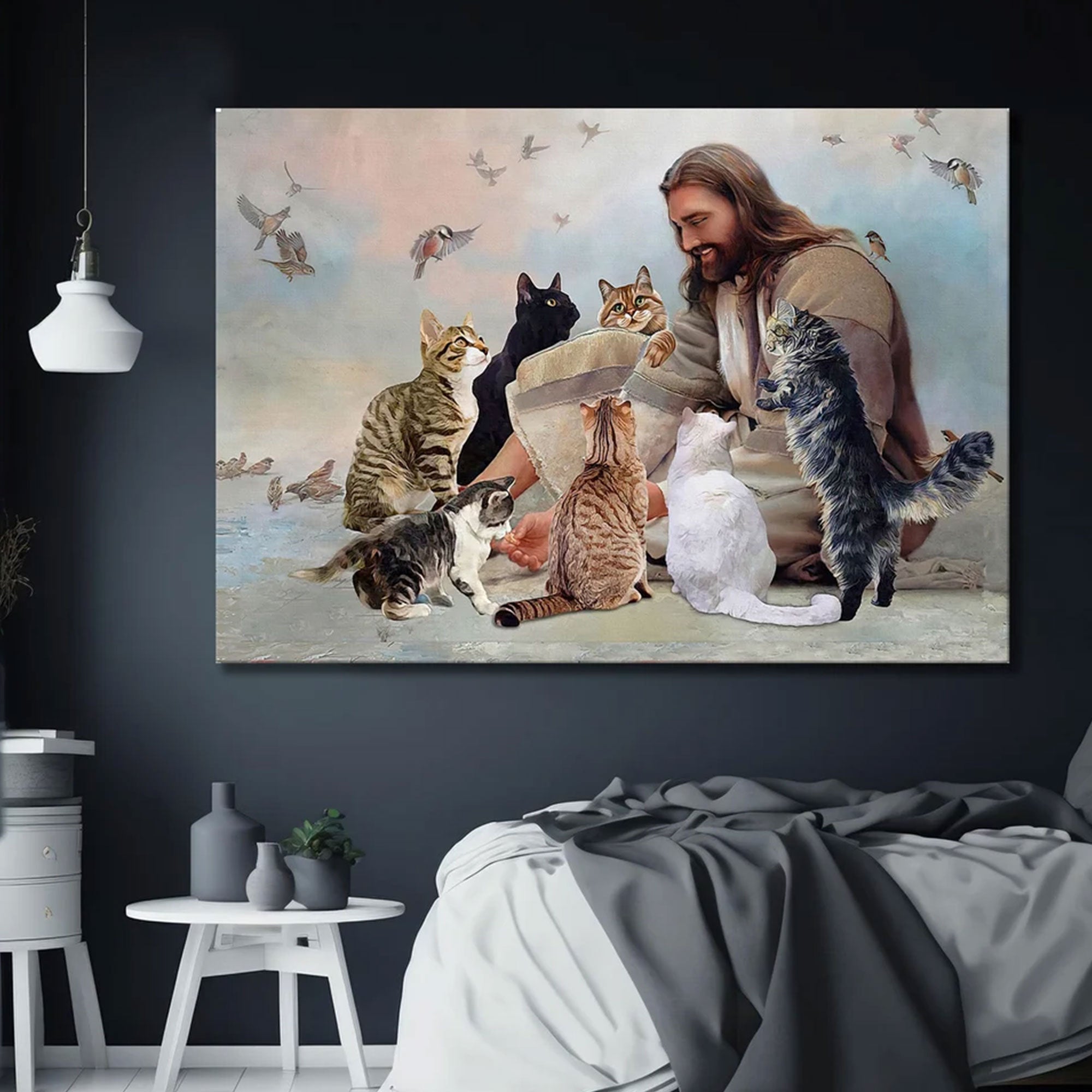 Jesus with Cats Canvas Art, Christian Landscape Wall Decor, Faith Inspired Pet Lover Gift