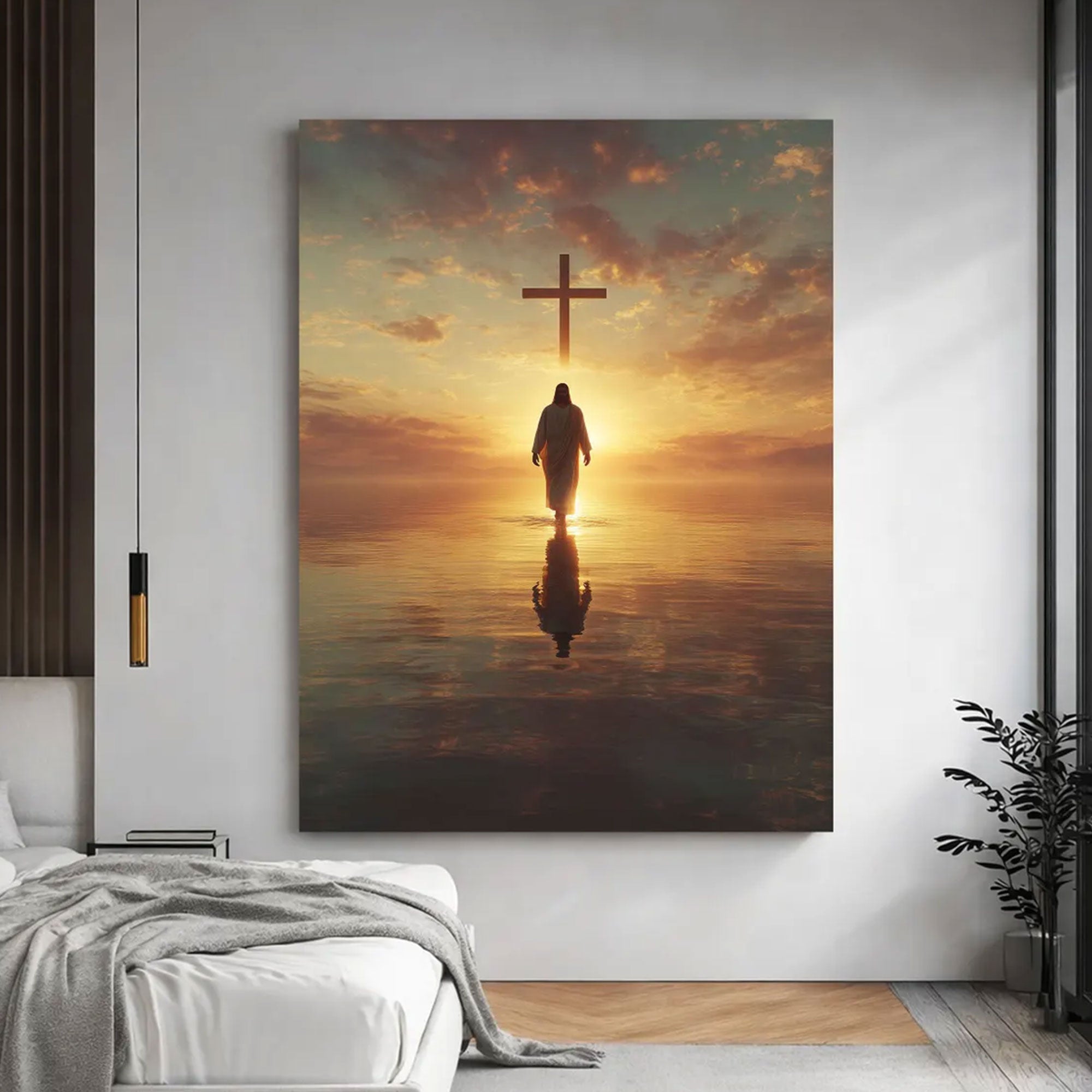 Jesus Walking on Water Canvas Art, Sunrise Cross Christian Faith Decor, Spiritual Reflection Wall Artwork