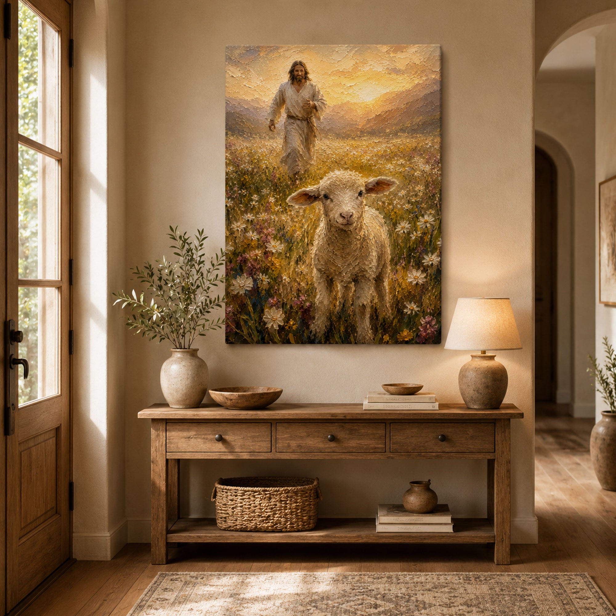 Good Shepherd Jesus and Lamb Canvas Print, Peaceful Christian Wall Art, Wildflower Meadow Home Decor