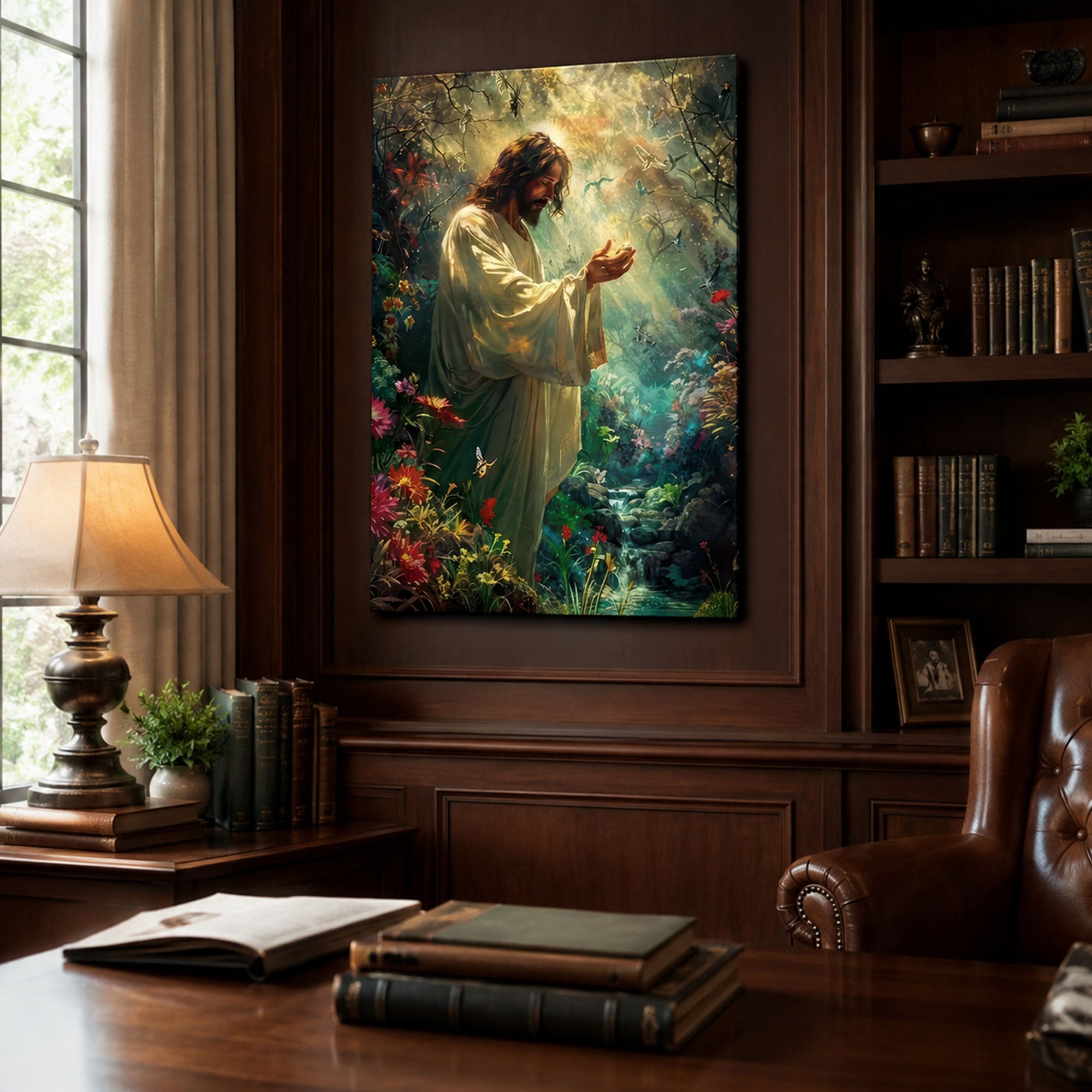 Spiritual Harmony Canvas Wall Art, Jesus Enchanted Garden, Peaceful Christian Faith Home Decor