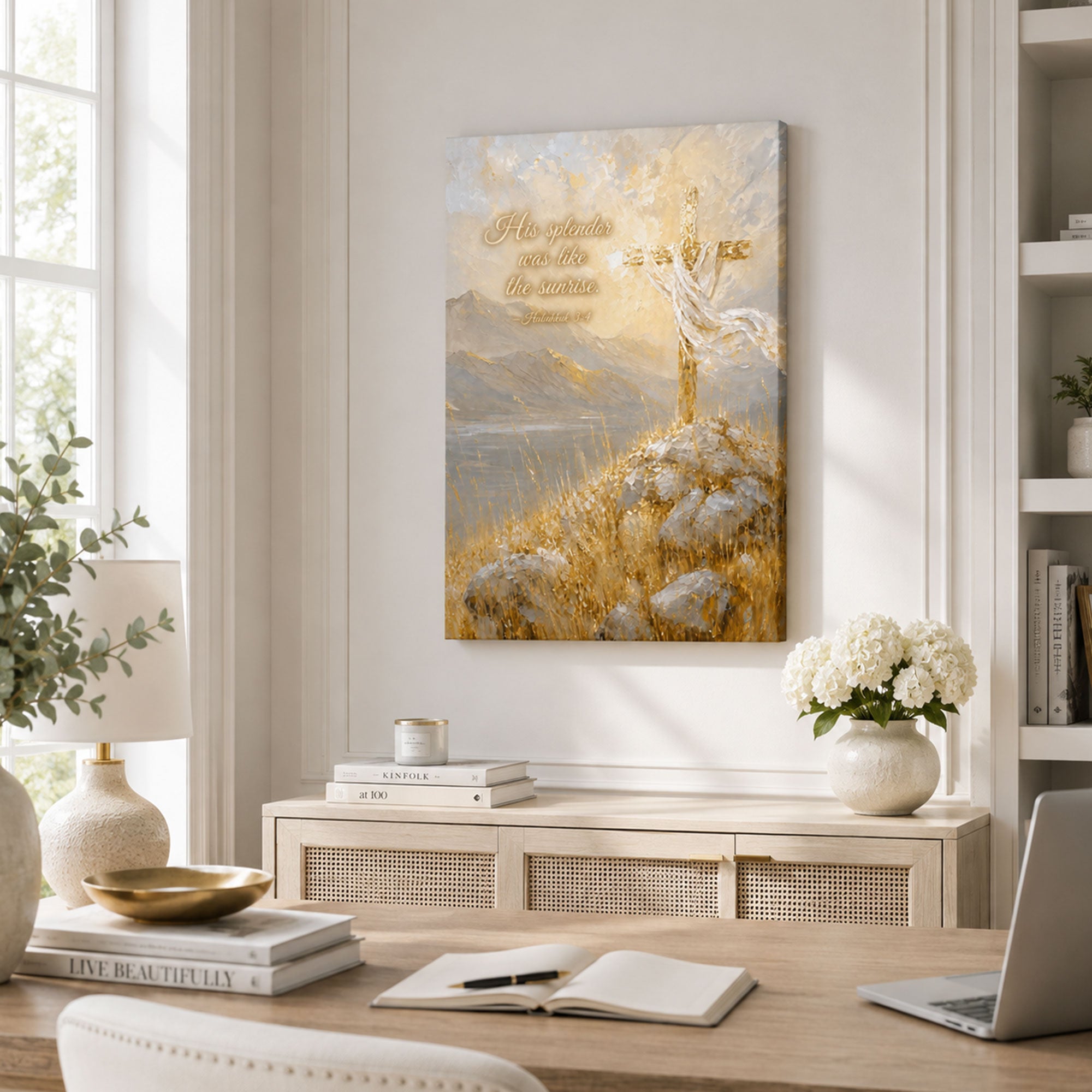 Habakkuk 3:4 Cross Canvas Print, His Splendor Was Like the Sunrise, Christian Wall Decor