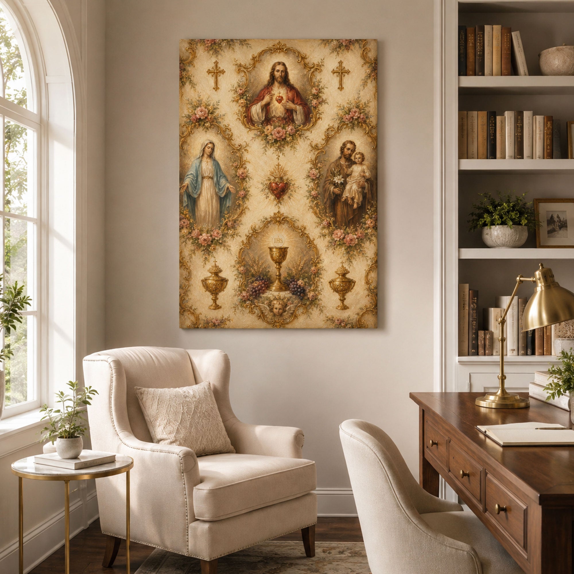 Holy Family & Eucharist Canvas Print, Sacred Heart Jesus, Mary and Saint Joseph Catholic Wall Decor