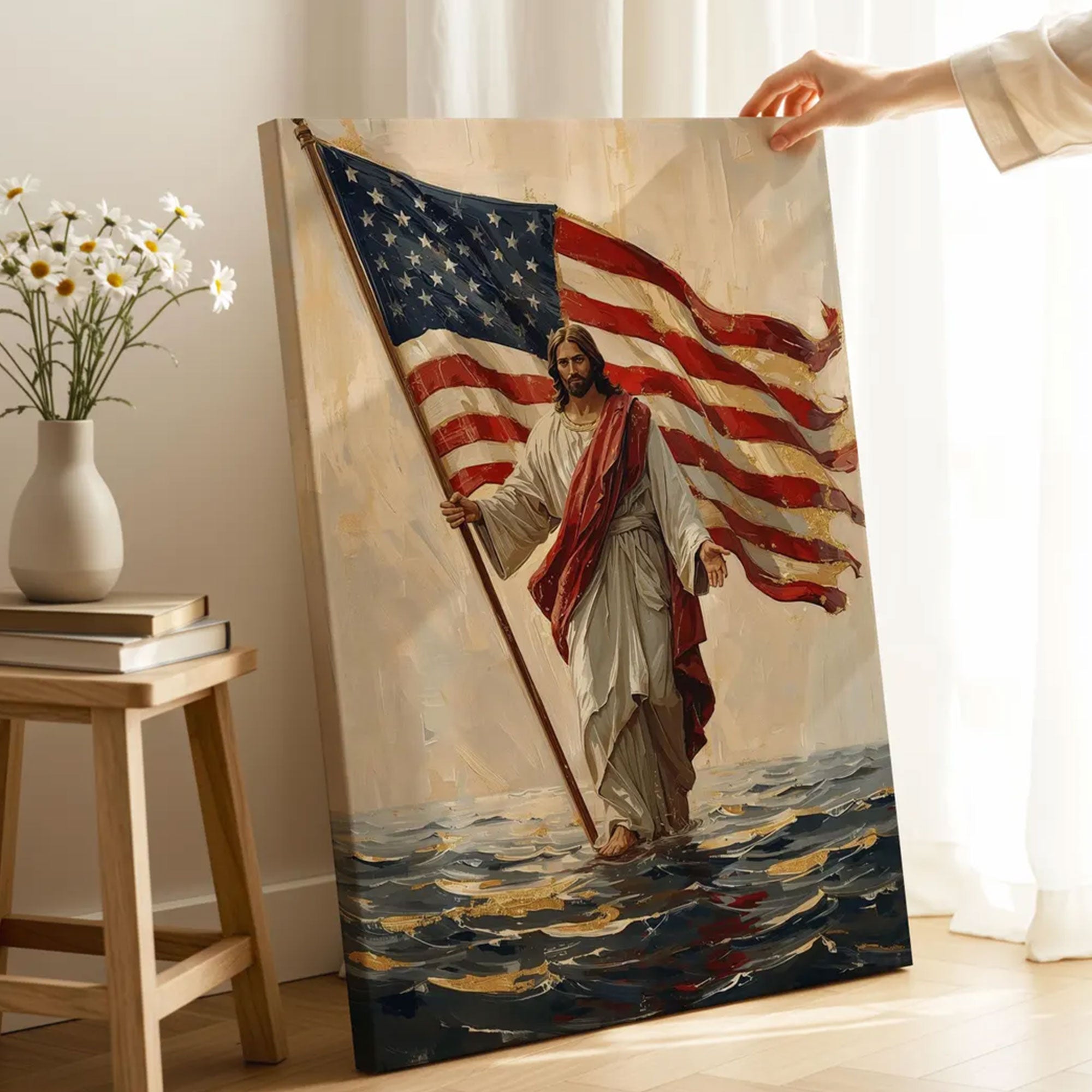 America 250 Patriotic Jesus Canvas Print, 1776–2026 Christian Wall Art, USA Faith Anniversary Decor