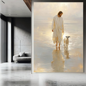 Jesus Walking with Lamb Canvas Print, Peaceful Christian Wall Art, Spiritual Faith Home Decor