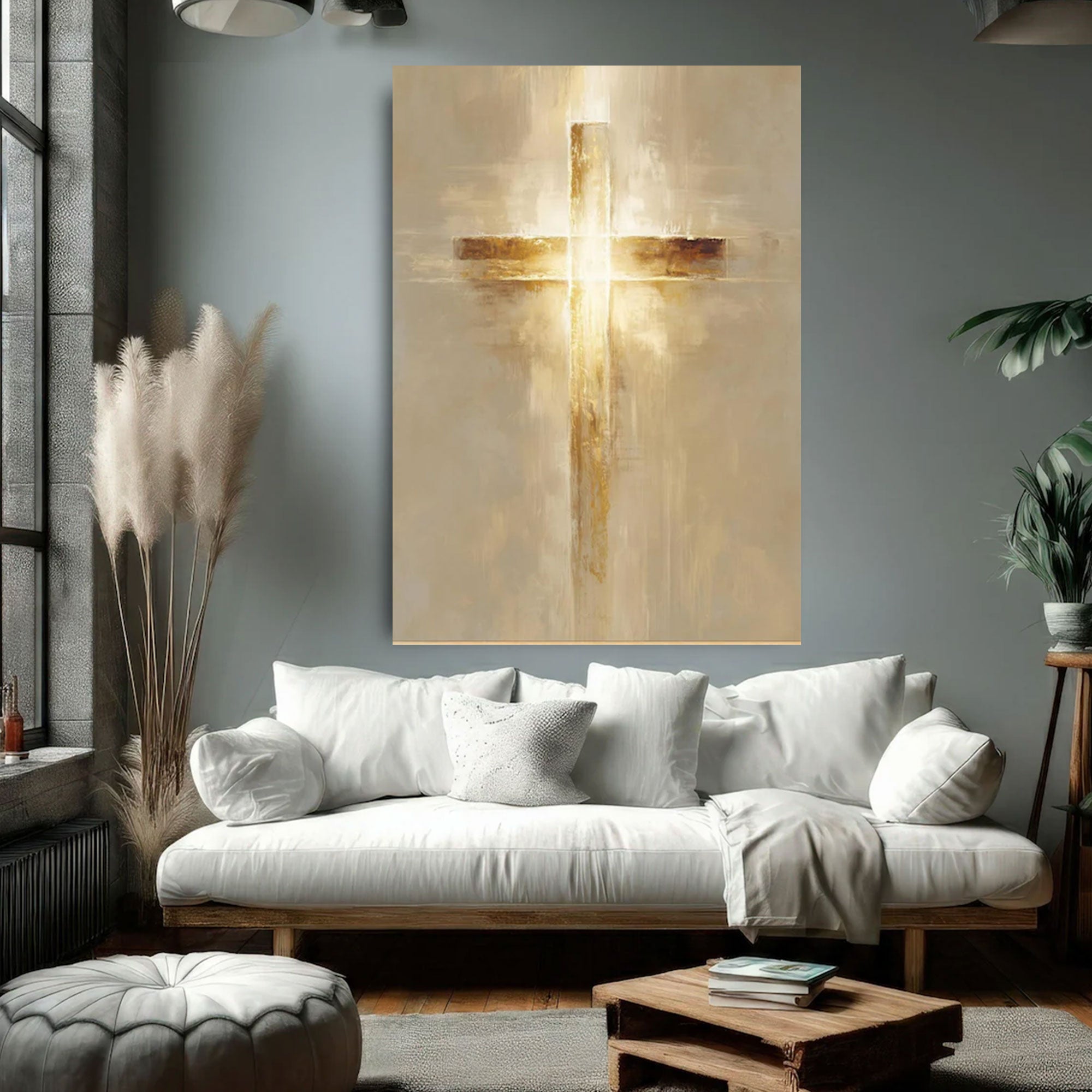 Golden Glow Cross Canvas Print, Abstract Christian Wall Art, Symbol of Faith and Divine Light, Modern Religious Decor, Inspirational Spiritual Gift