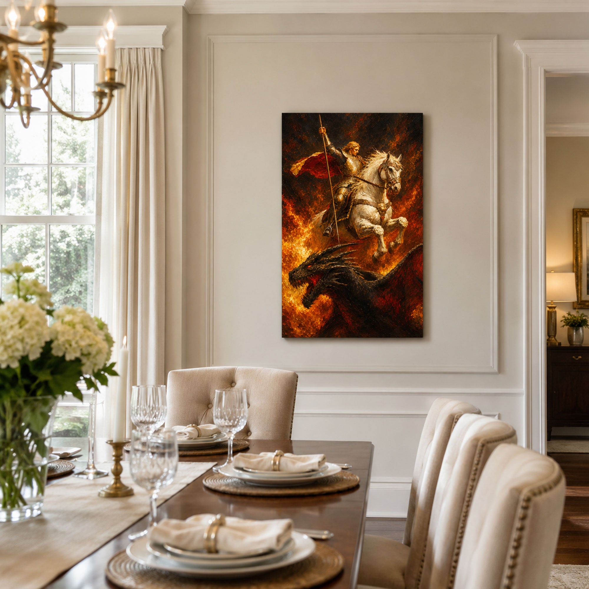 Saint George Firestorm Canvas Print, Fiery Catholic Warrior Art