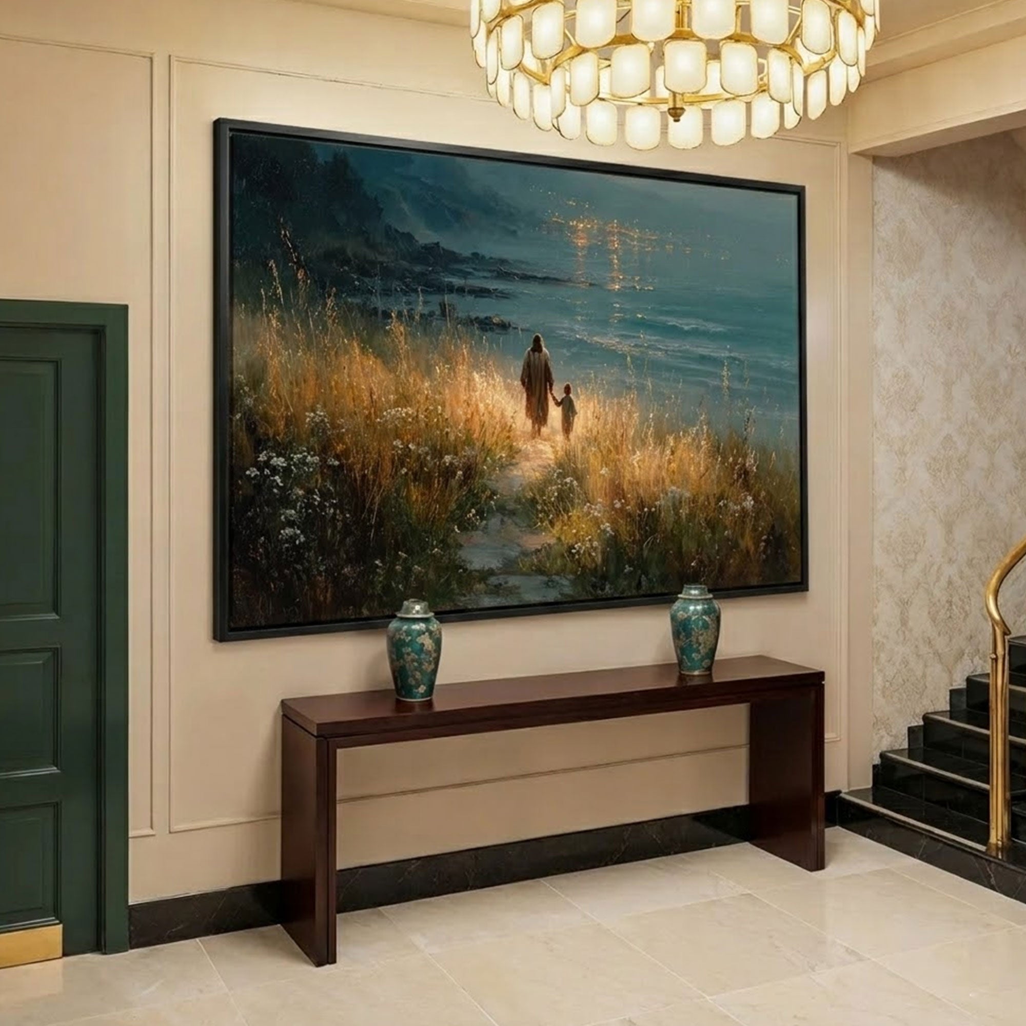 Jesus and Child Canvas Print, Framed Religious Landscape Art, Savior Walking with Child Christian Wall Decor