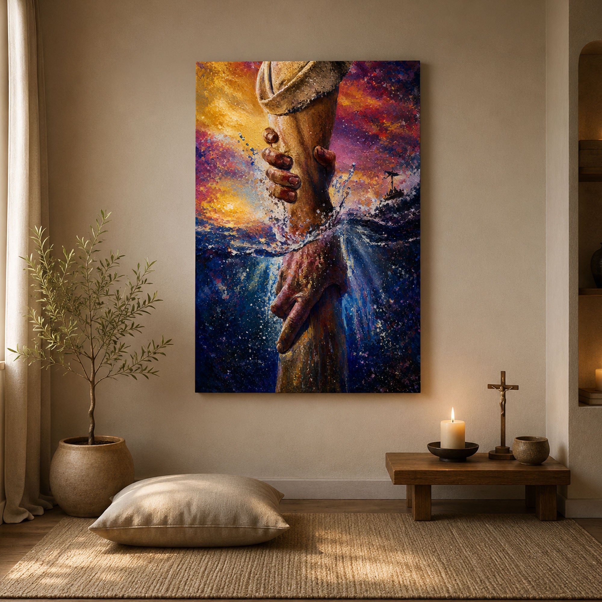 Jesus Saving Peter Canvas Print, Stormy Sea Christian Wall Art, Faith Over Fear Home Decor