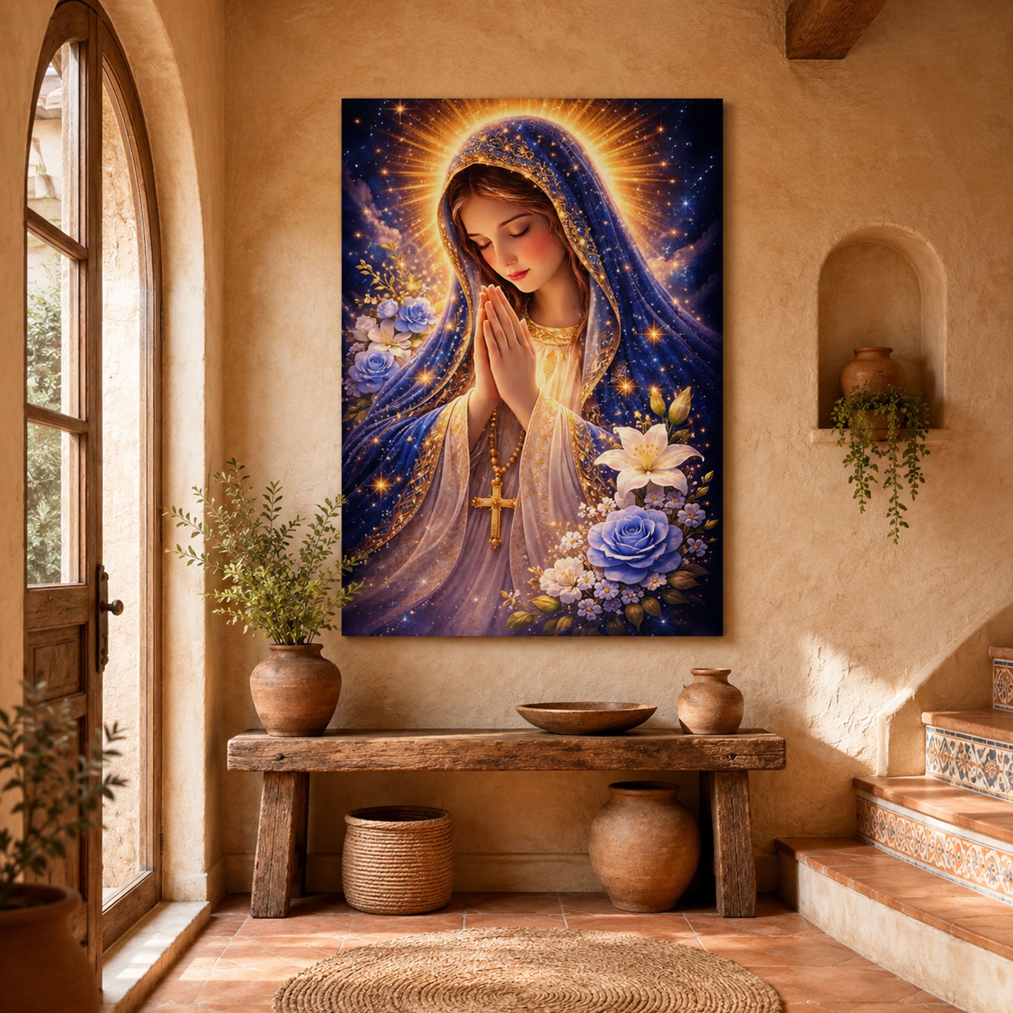 Radiant Virgin Mary Canvas Print, Celestial Christian Wall Art, Floral Catholic Faith Decor, Heavenly Madonna Artwork
