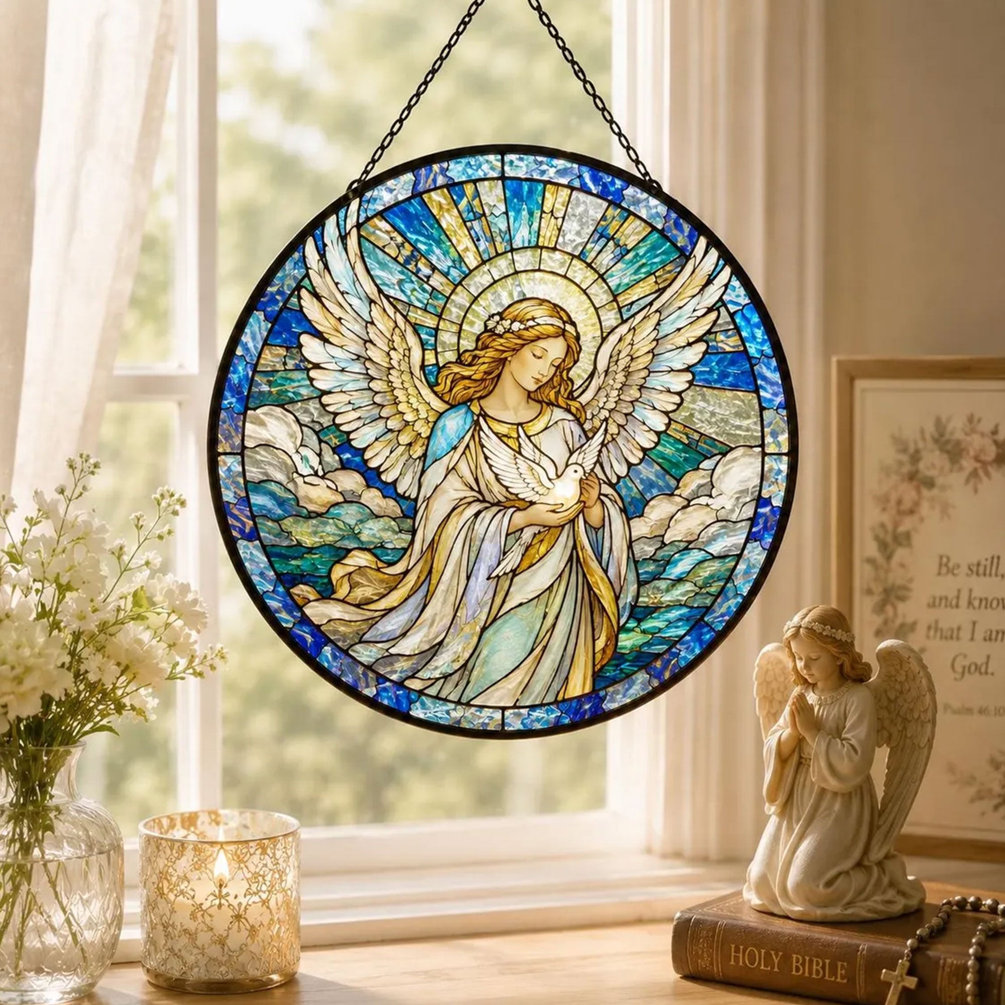 Praying Angel Glass Suncatcher, Christian Memorial Window Hanging Gift for Her