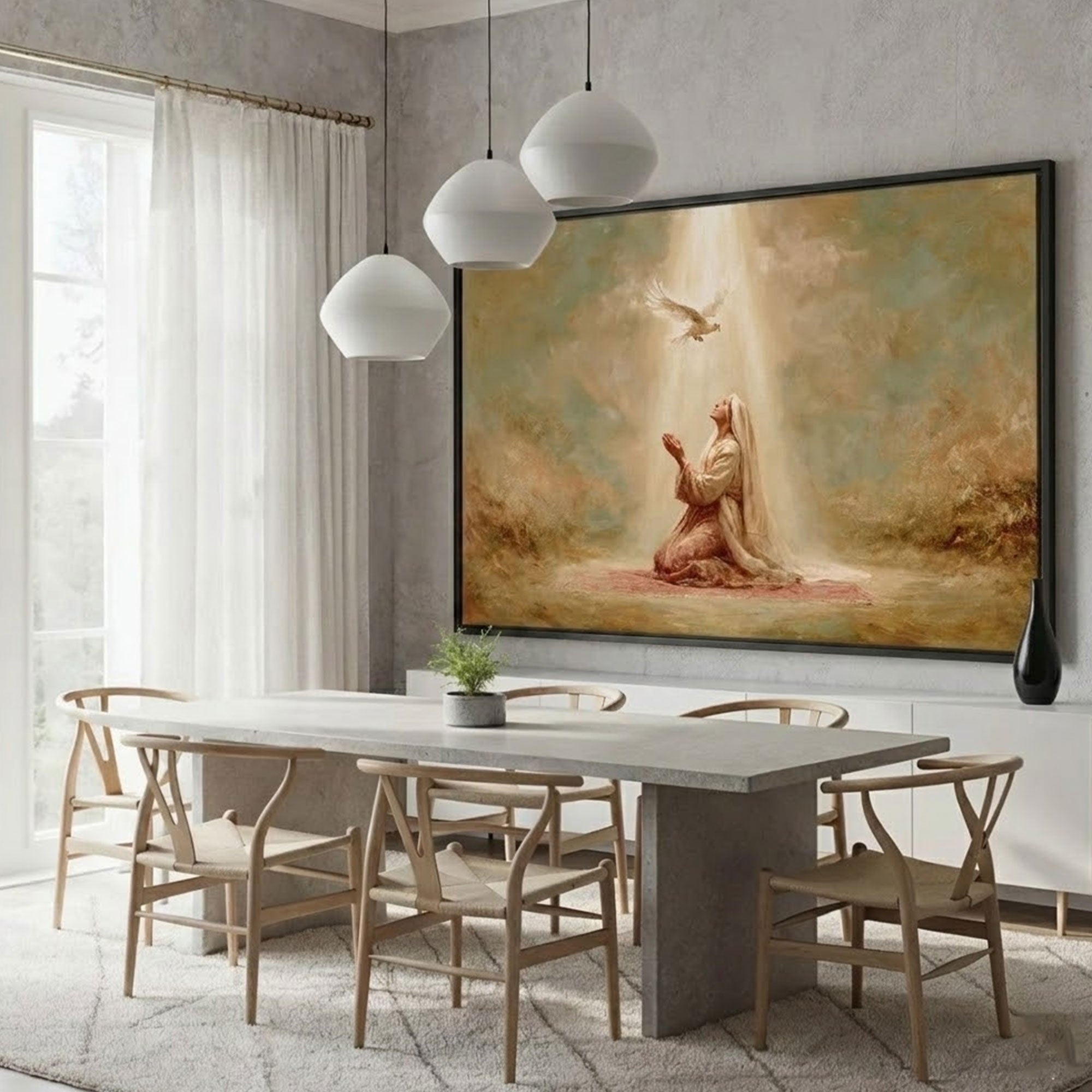 Virgin Mary Canvas Print, Praying Madonna and Dove Wall Art, Catholic Religious Decor, Holy Spirit Symbol Artwork, Inspirational Faith Gift
