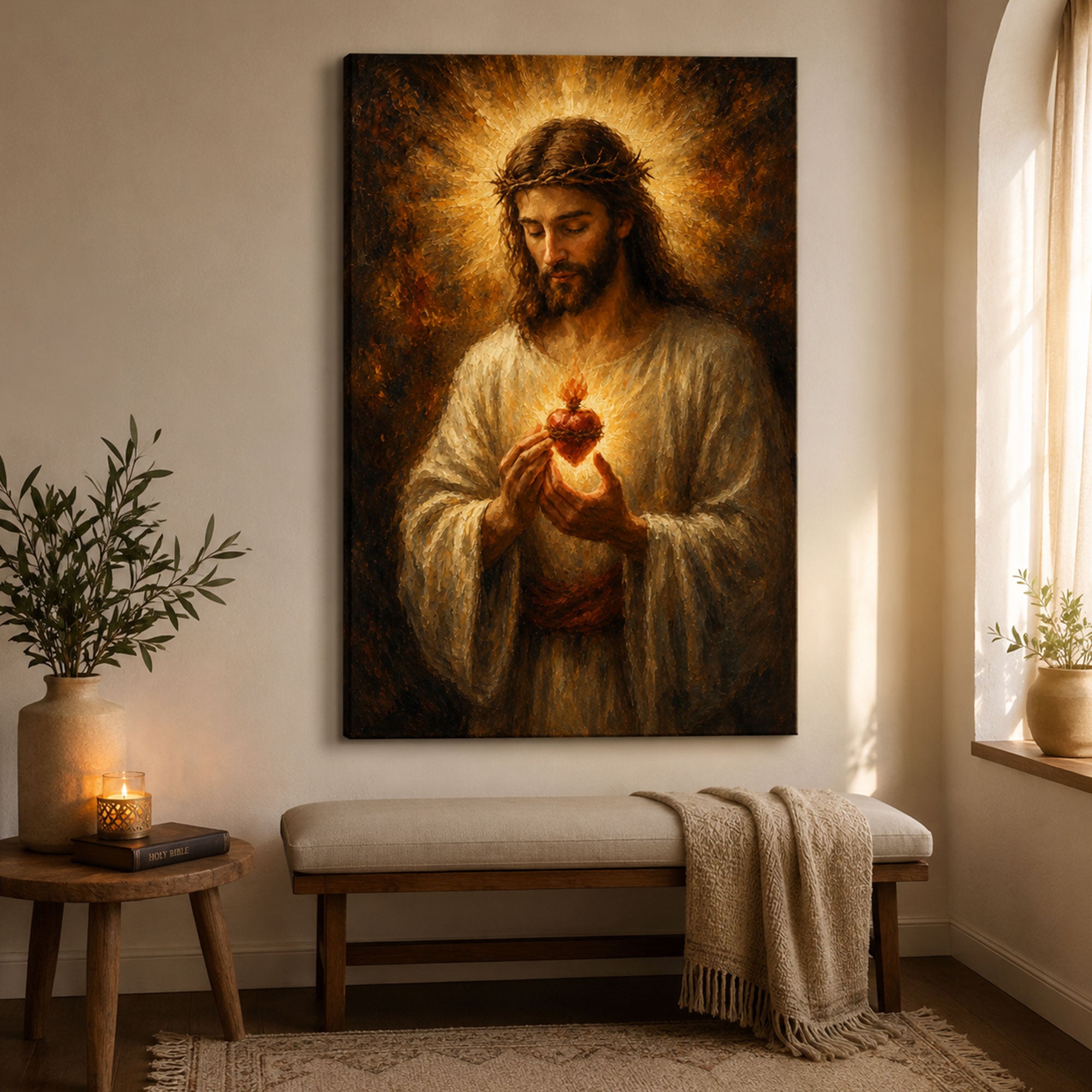 Sacred Heart of Jesus Canvas Print, Crown of Thorns Catholic Wall Art, Faith Home Decor