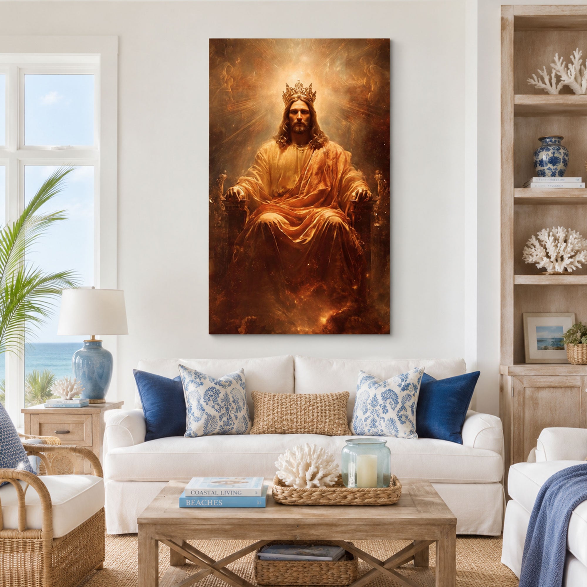 Jesus is King Wall Art, Regal Jesus Christ Wall Art Print, Golden Crown, Religious Canvas